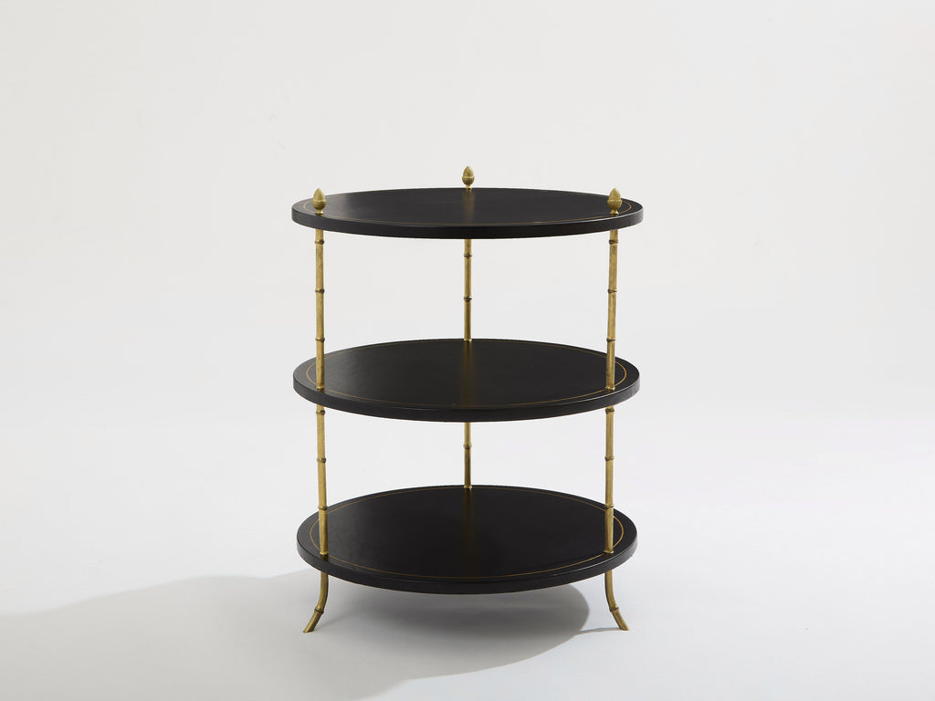 Maison Jansen three-tier gueridon table bronze black leather 1970s