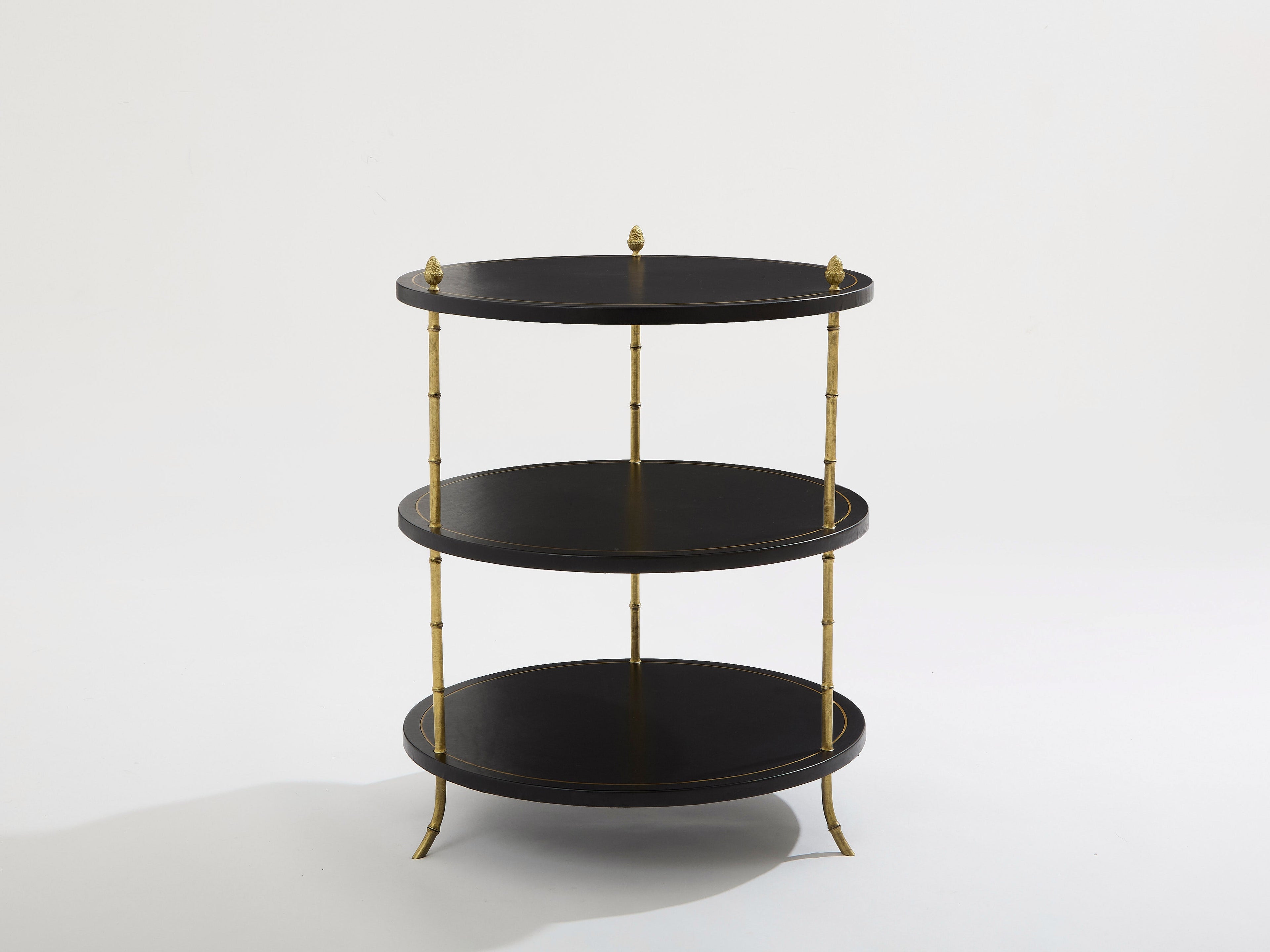Maison Jansen three-tier gueridon table bronze black leather 1970s