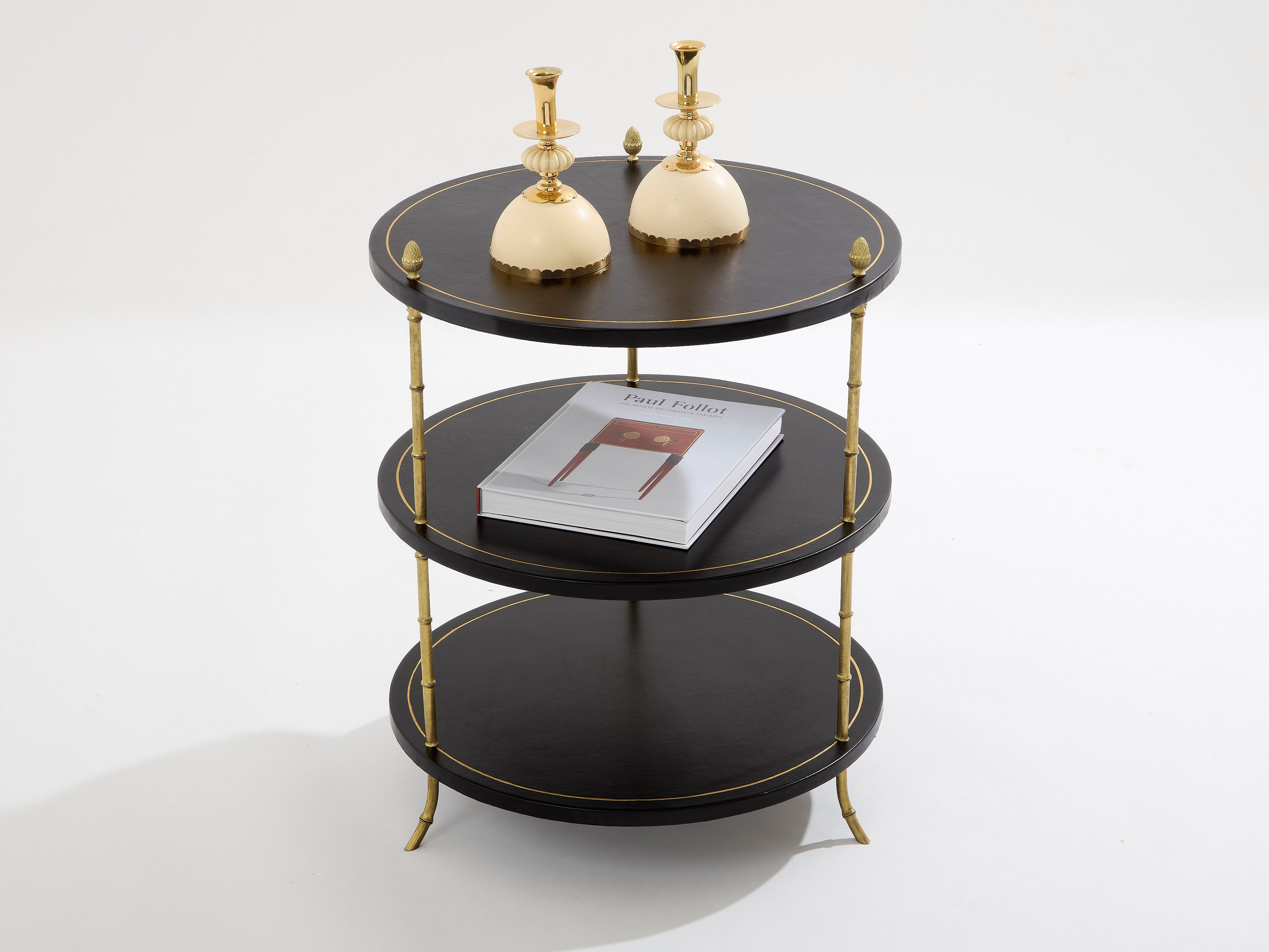 Maison Jansen three-tier gueridon table bronze black leather 1970s