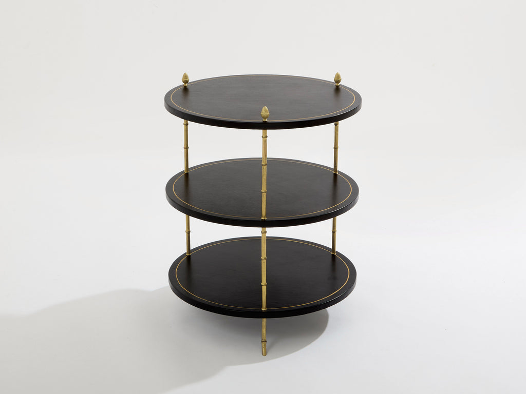Maison Jansen three-tier gueridon table bronze black leather 1970s