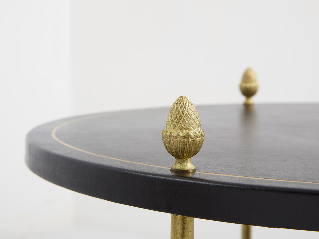 Maison Jansen three-tier gueridon table bronze black leather 1970s