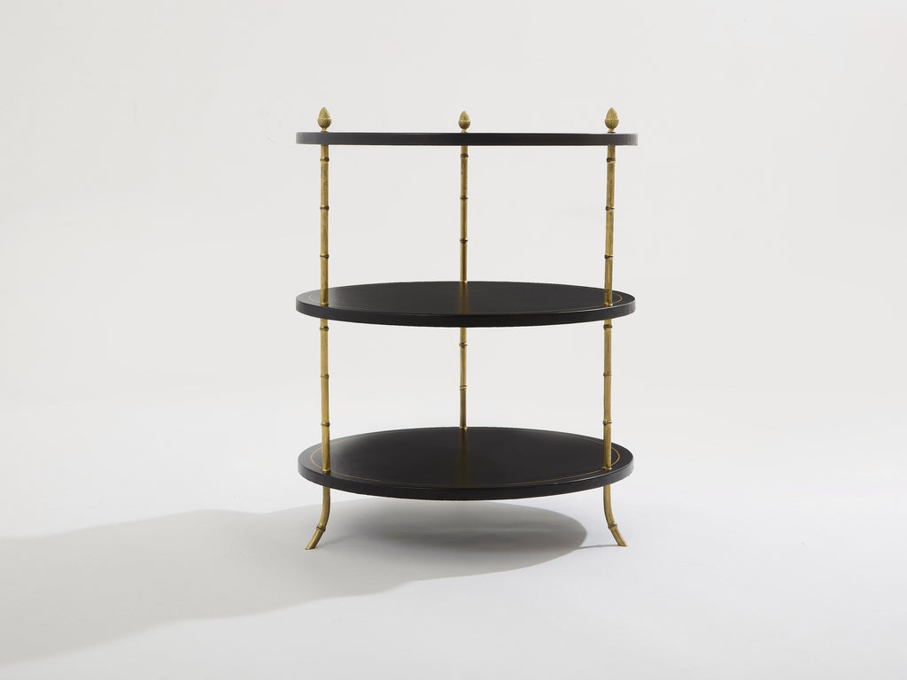 Maison Jansen three-tier gueridon table bronze black leather 1970s