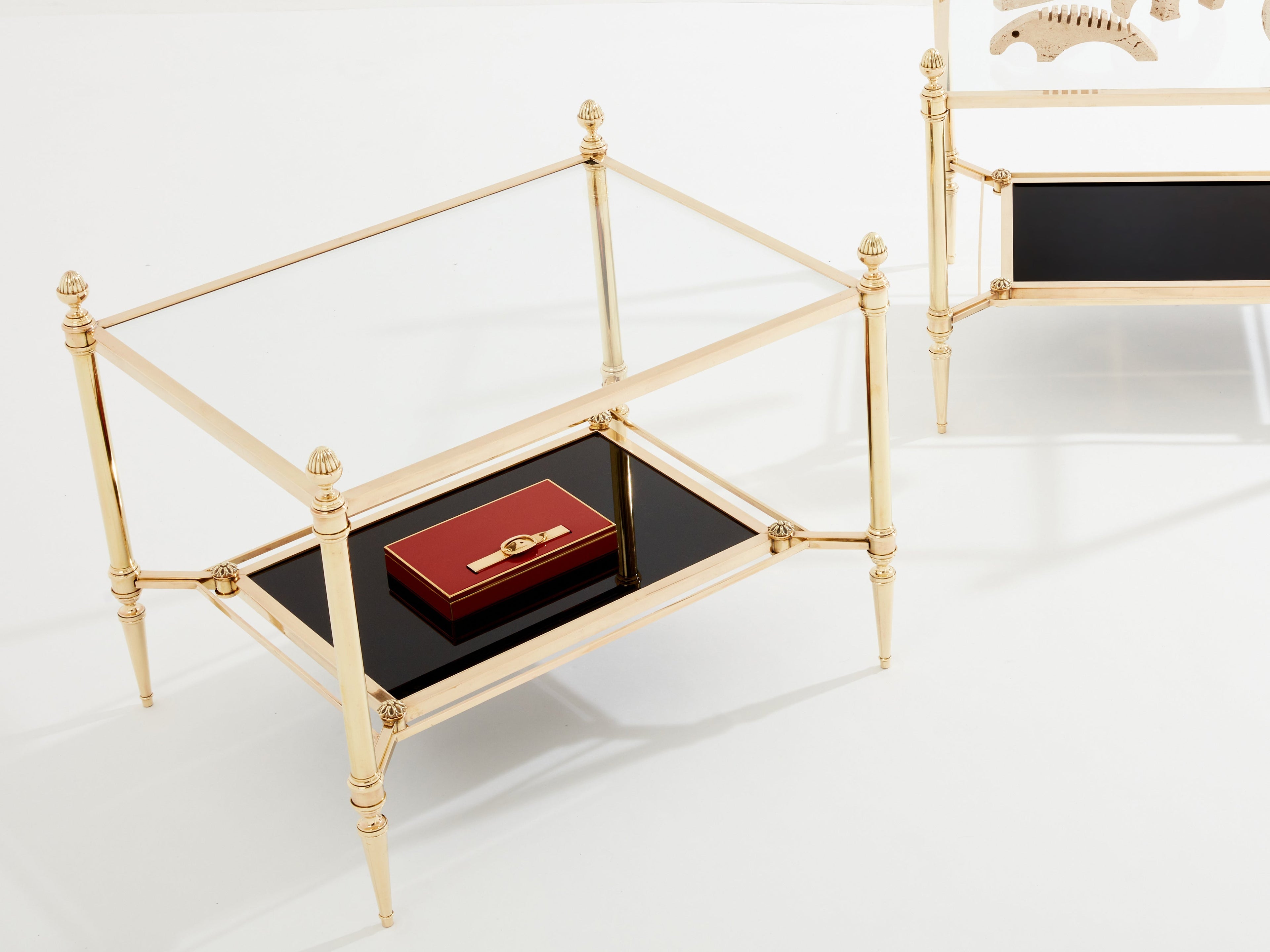 Maison Jansen two-tier brass opaline glass end tables 1970s