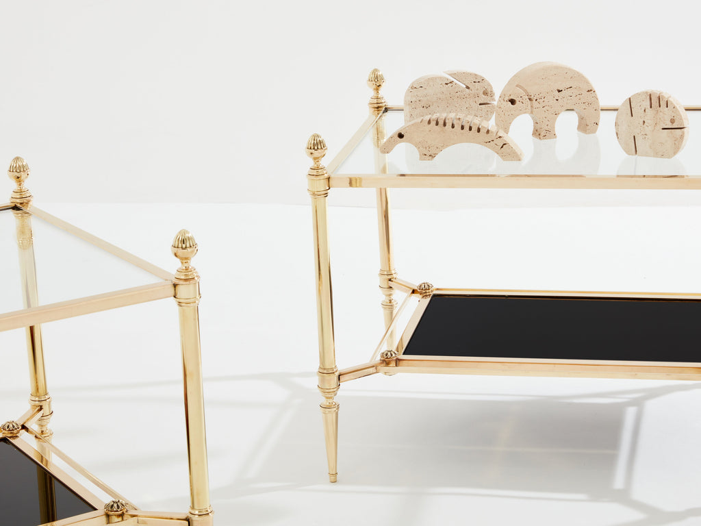 Maison Jansen two-tier brass opaline glass end tables 1970s