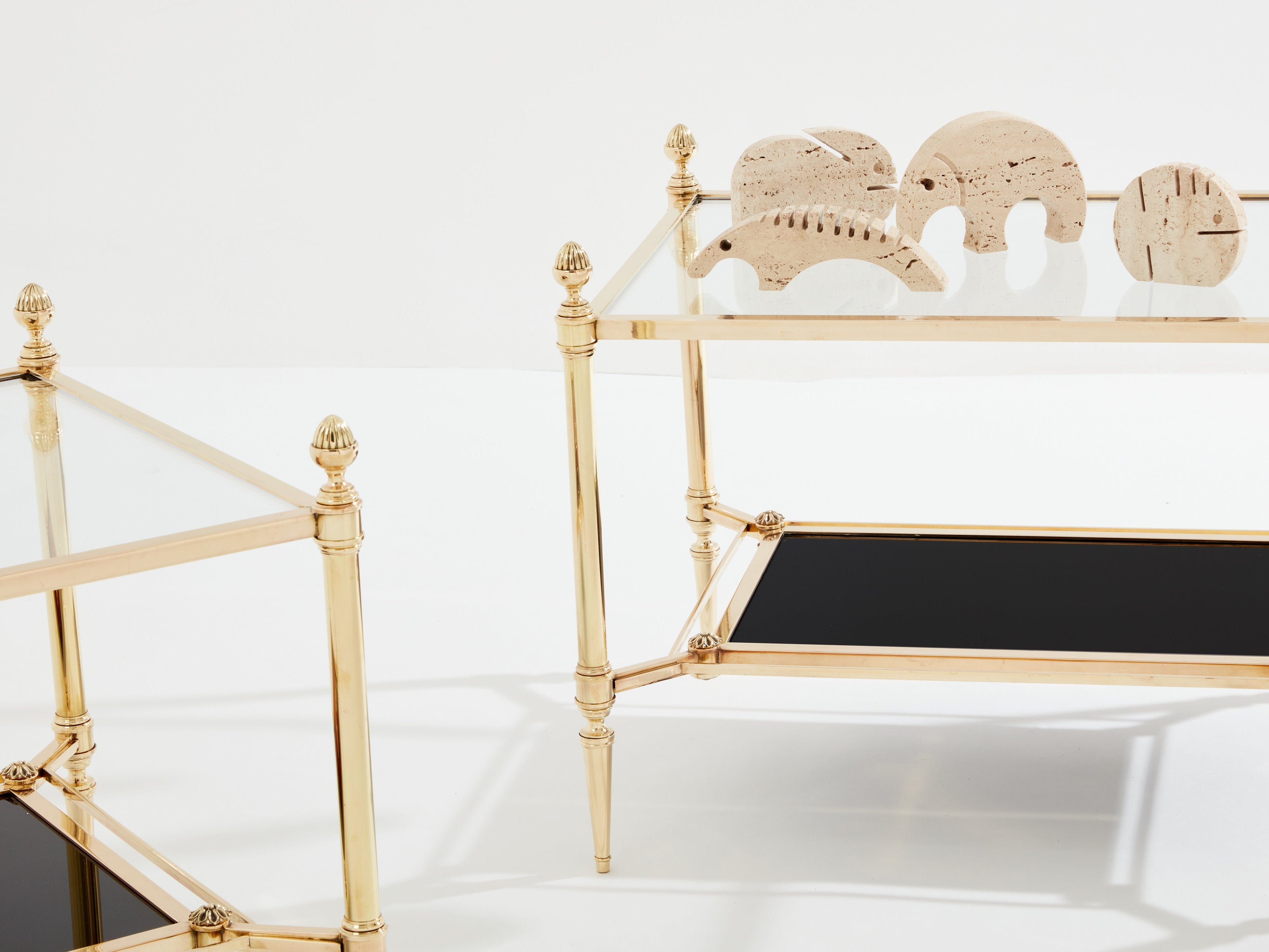 Maison Jansen two-tier brass opaline glass end tables 1970s