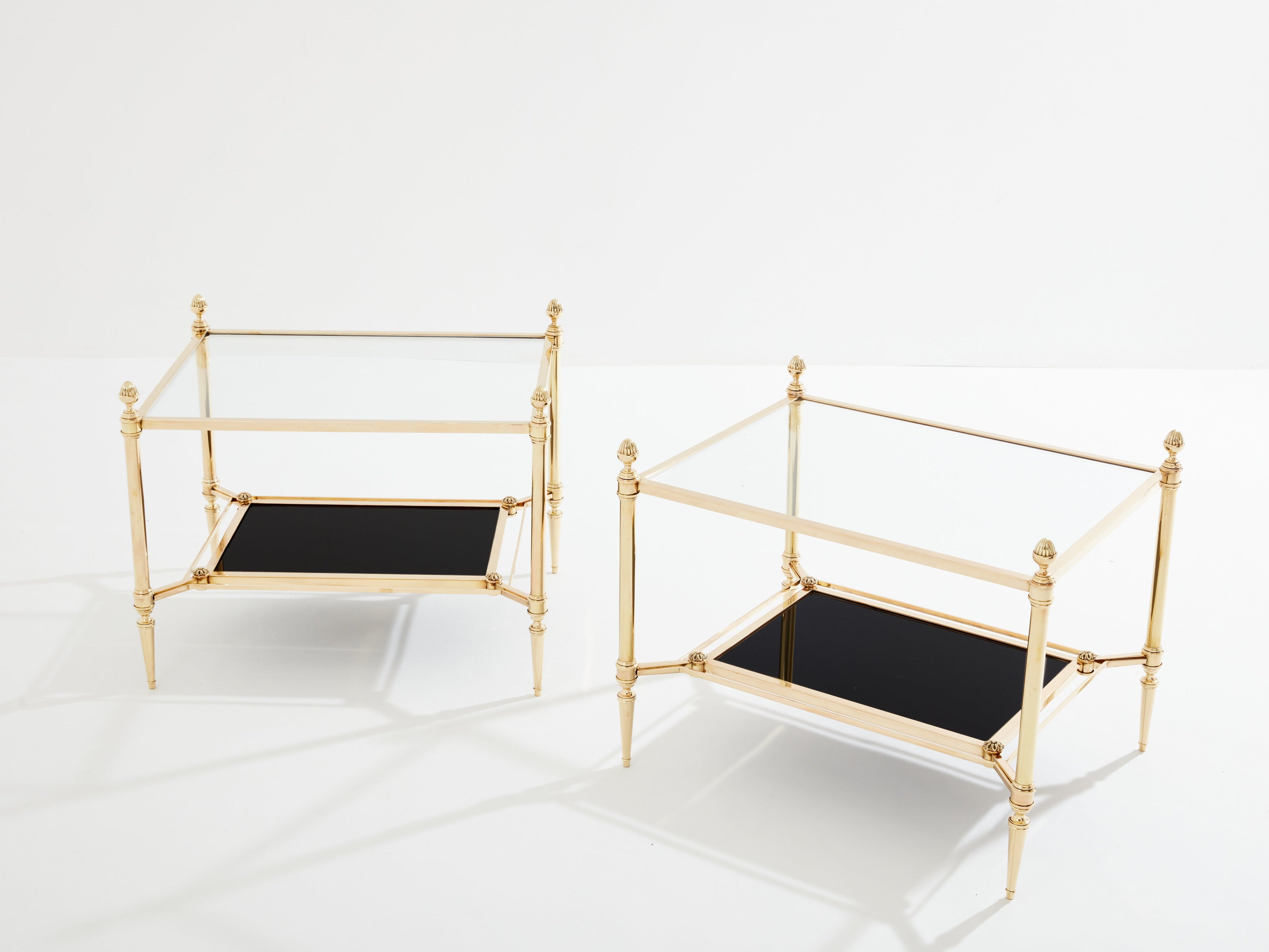 Maison Jansen two-tier brass opaline glass end tables 1970s