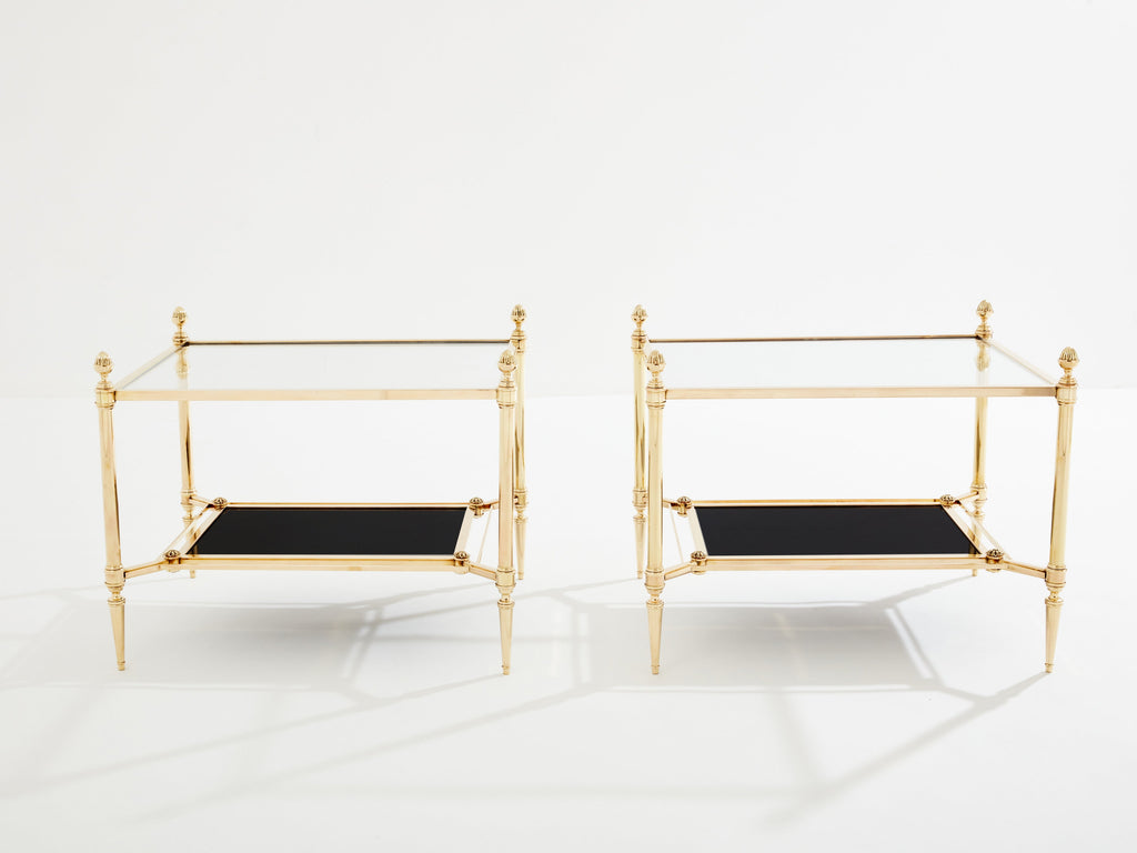 Maison Jansen two-tier brass opaline glass end tables 1970s