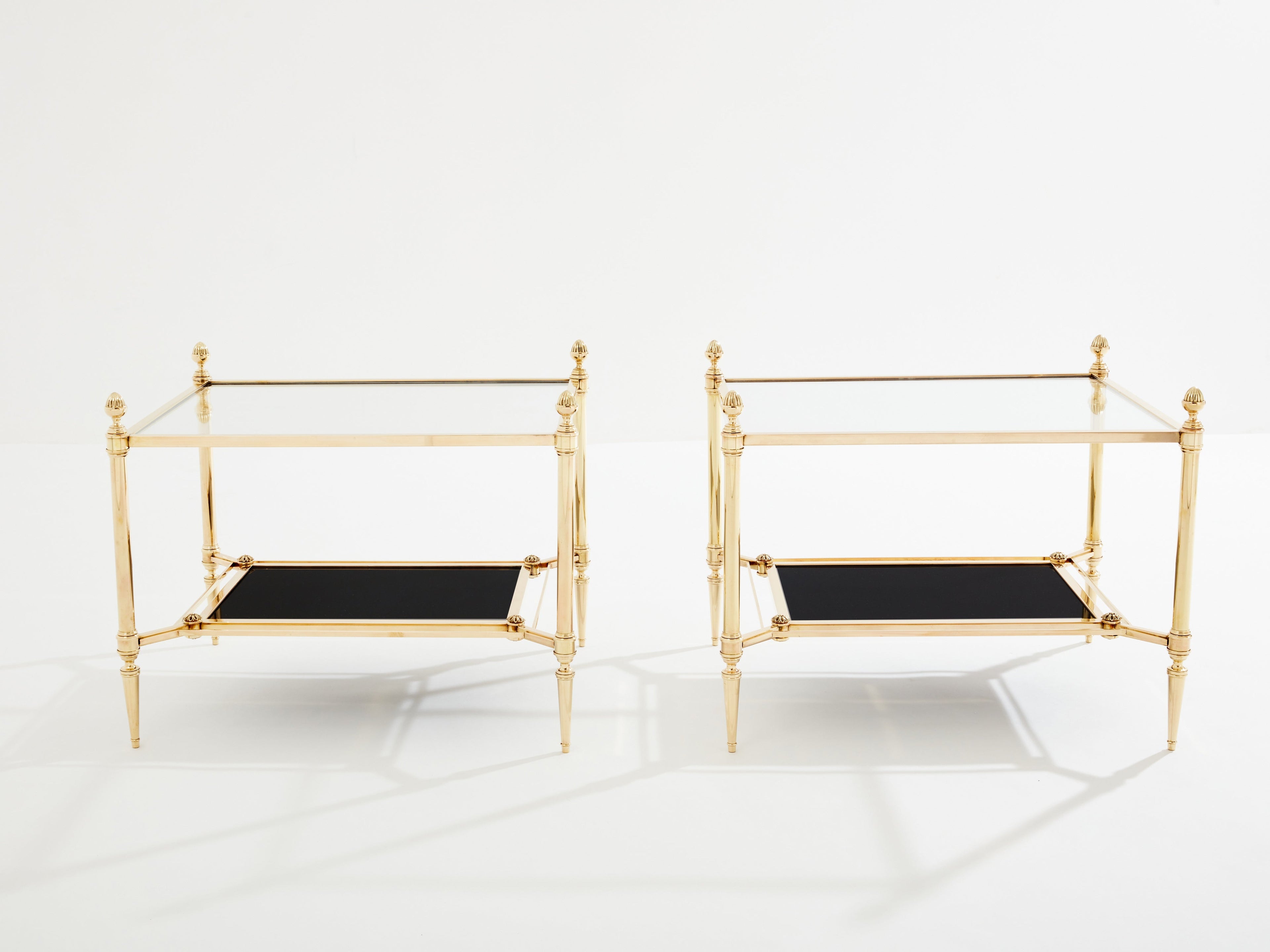 Maison Jansen two-tier brass opaline glass end tables 1970s