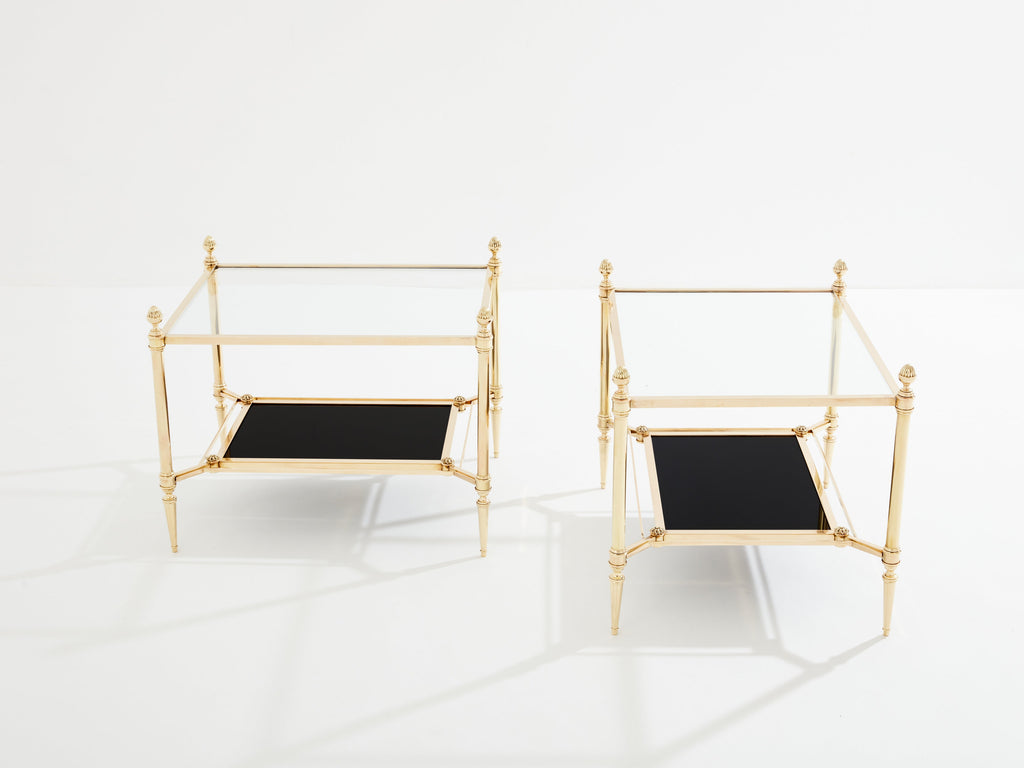 Maison Jansen two-tier brass opaline glass end tables 1970s
