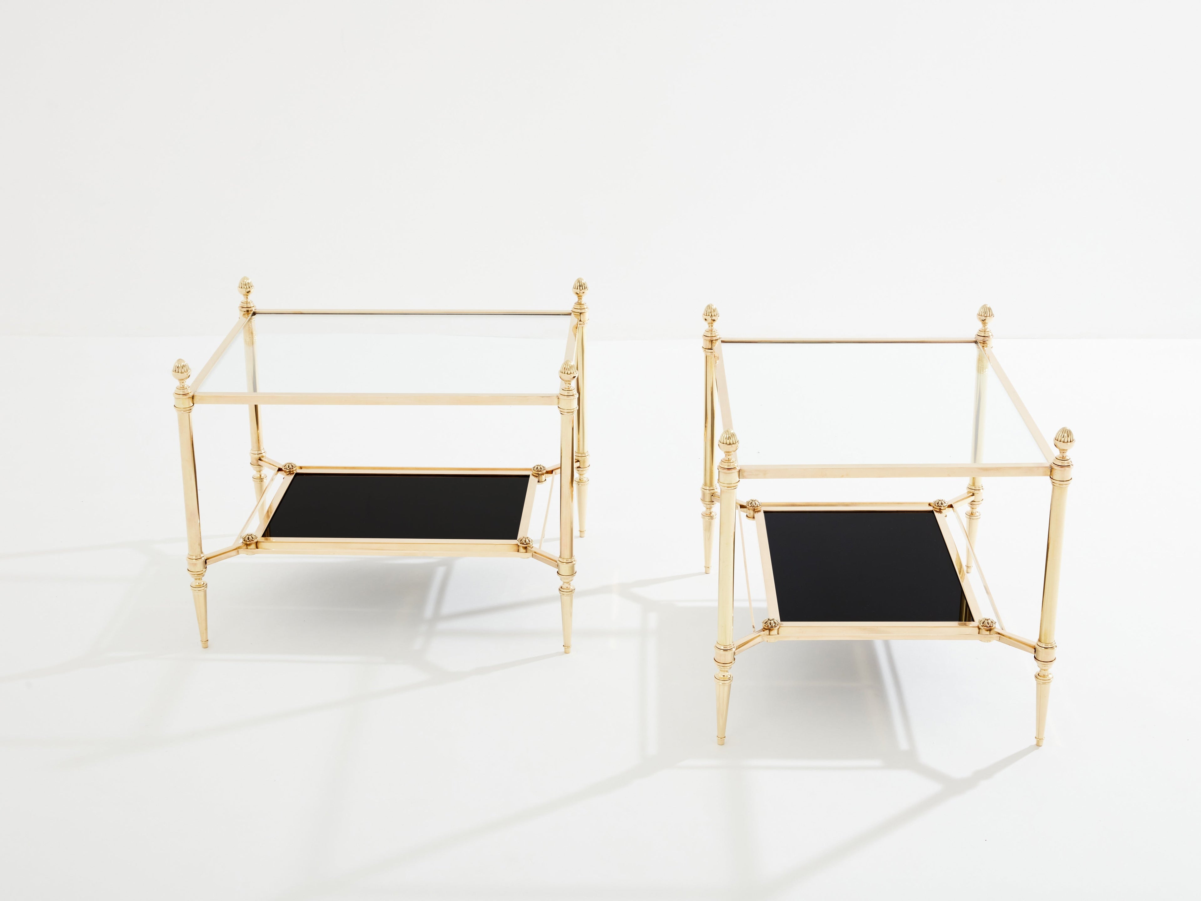 Maison Jansen two-tier brass opaline glass end tables 1970s