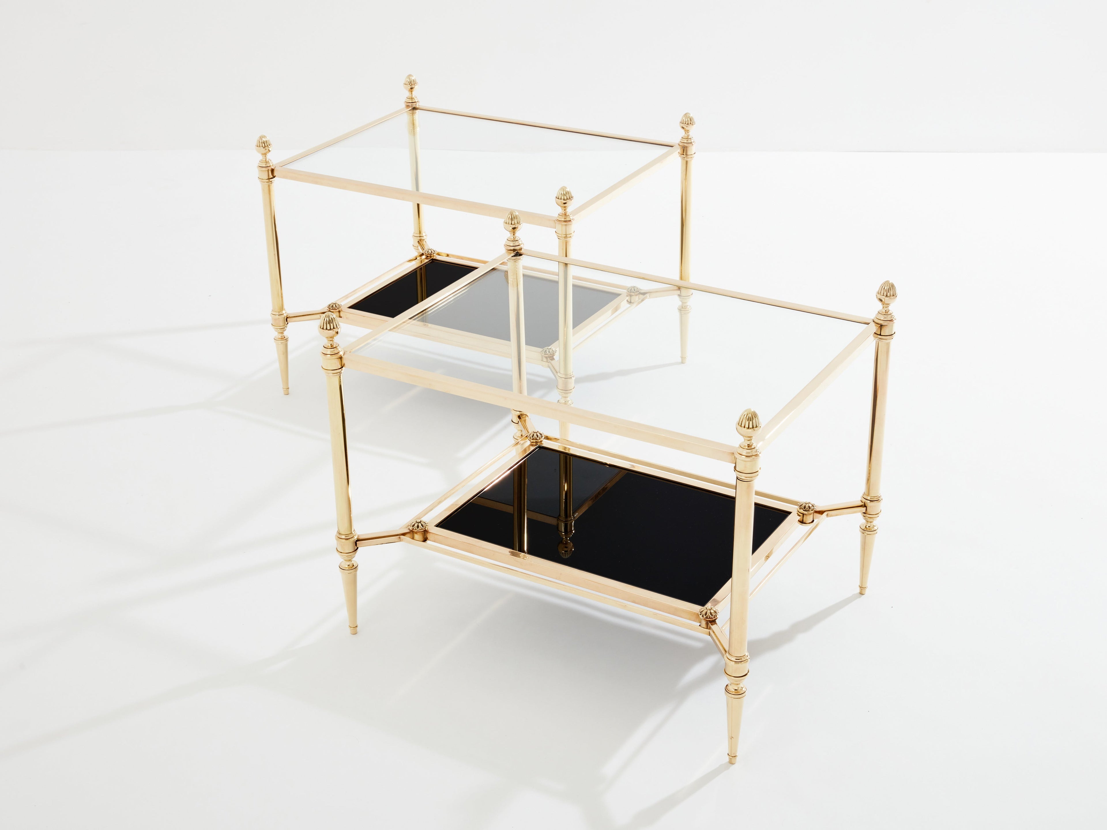 Maison Jansen two-tier brass opaline glass end tables 1970s