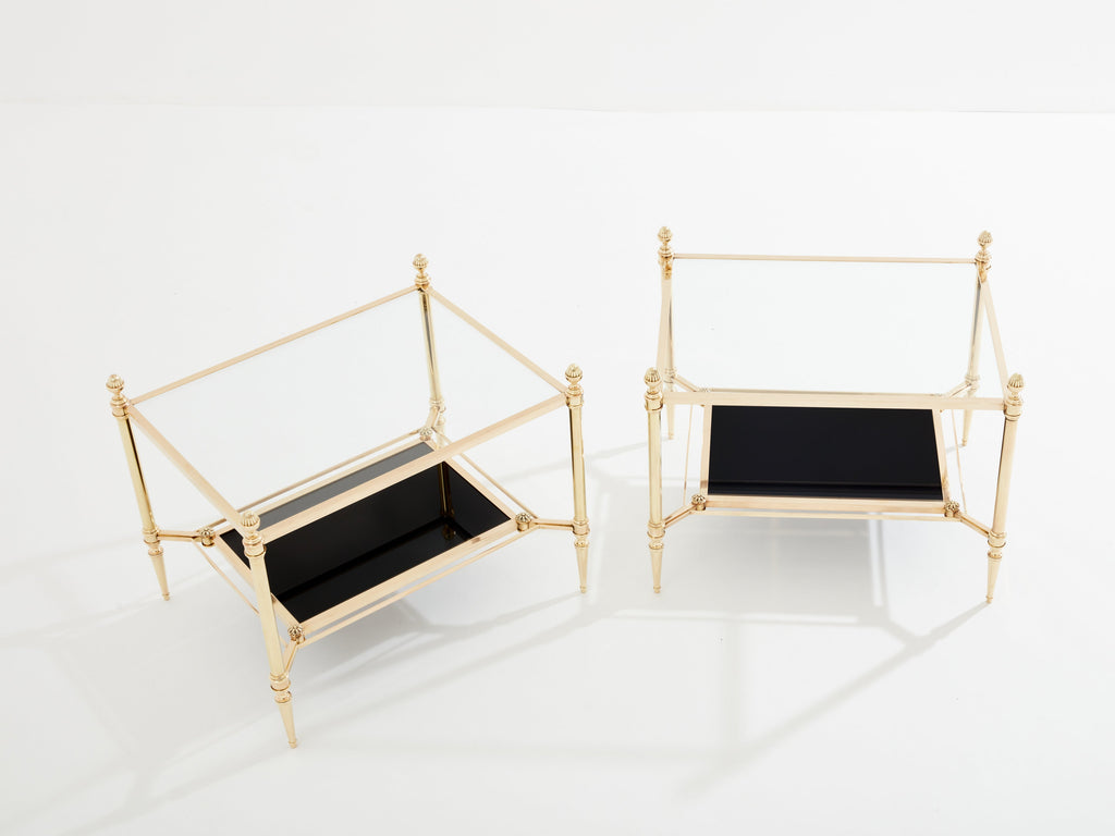 Maison Jansen two-tier brass opaline glass end tables 1970s