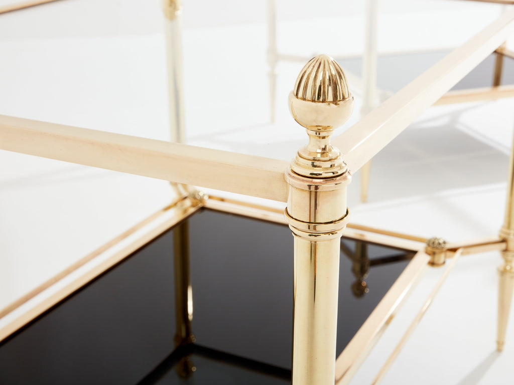 Maison Jansen two-tier brass opaline glass end tables 1970s