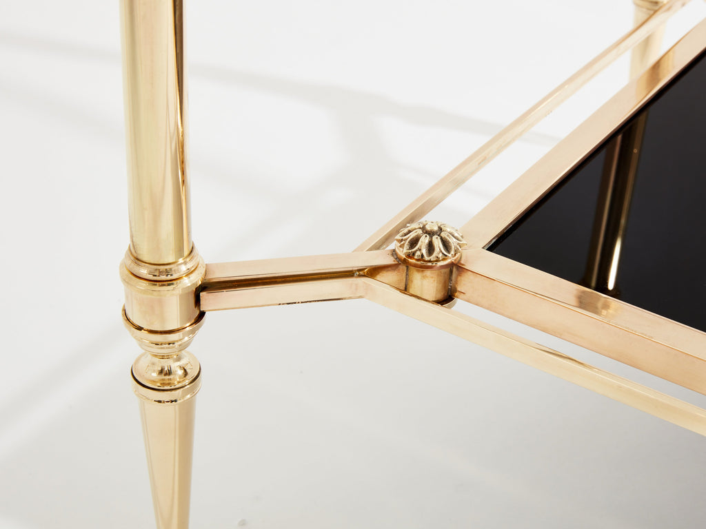 Maison Jansen two-tier brass opaline glass end tables 1970s