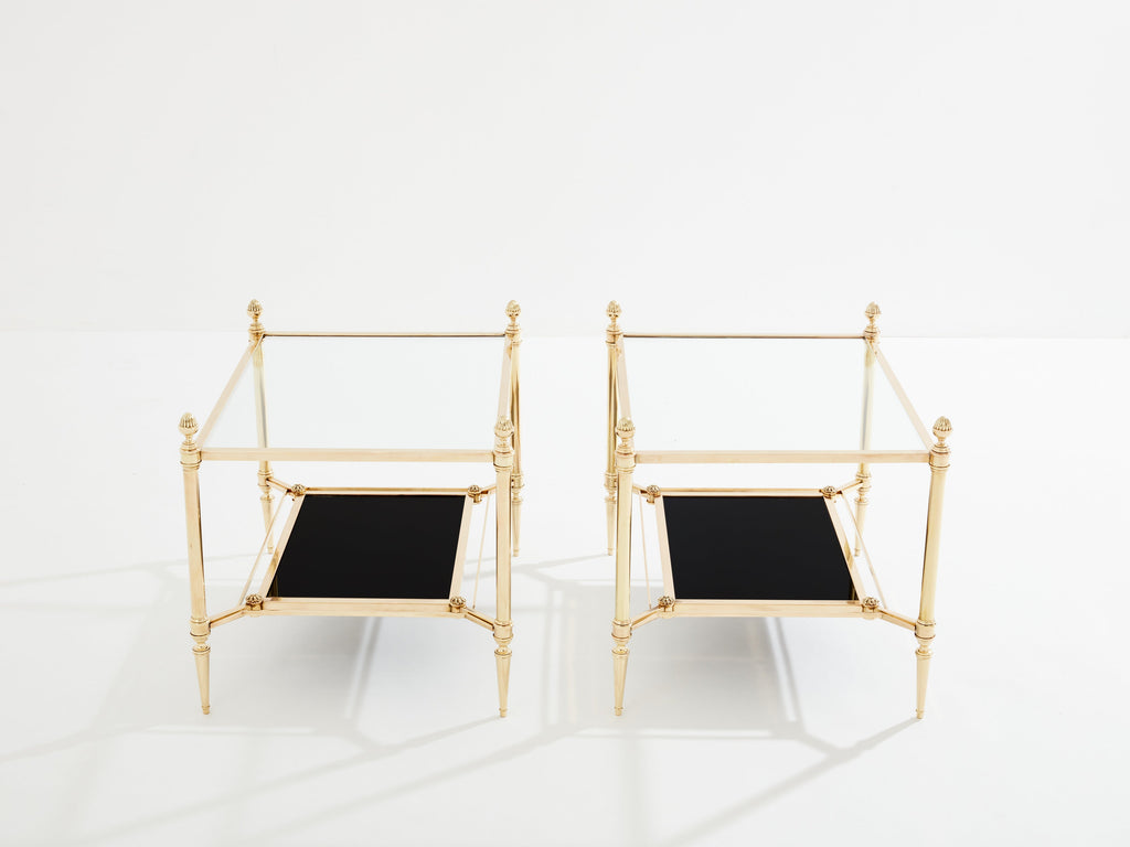 Maison Jansen two-tier brass opaline glass end tables 1970s