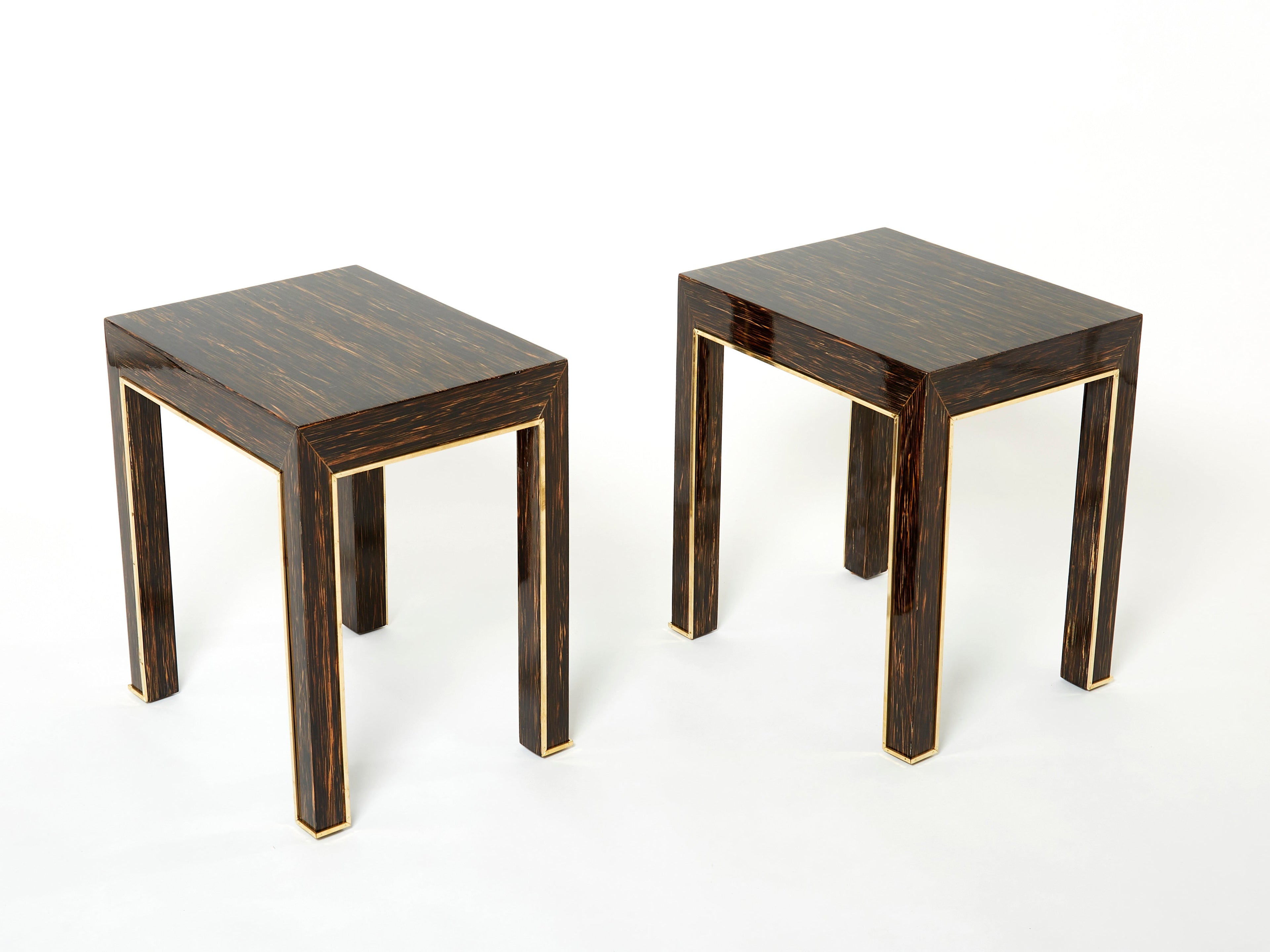 Pair of Romeo Paris palm wood and brass end tables 1970s