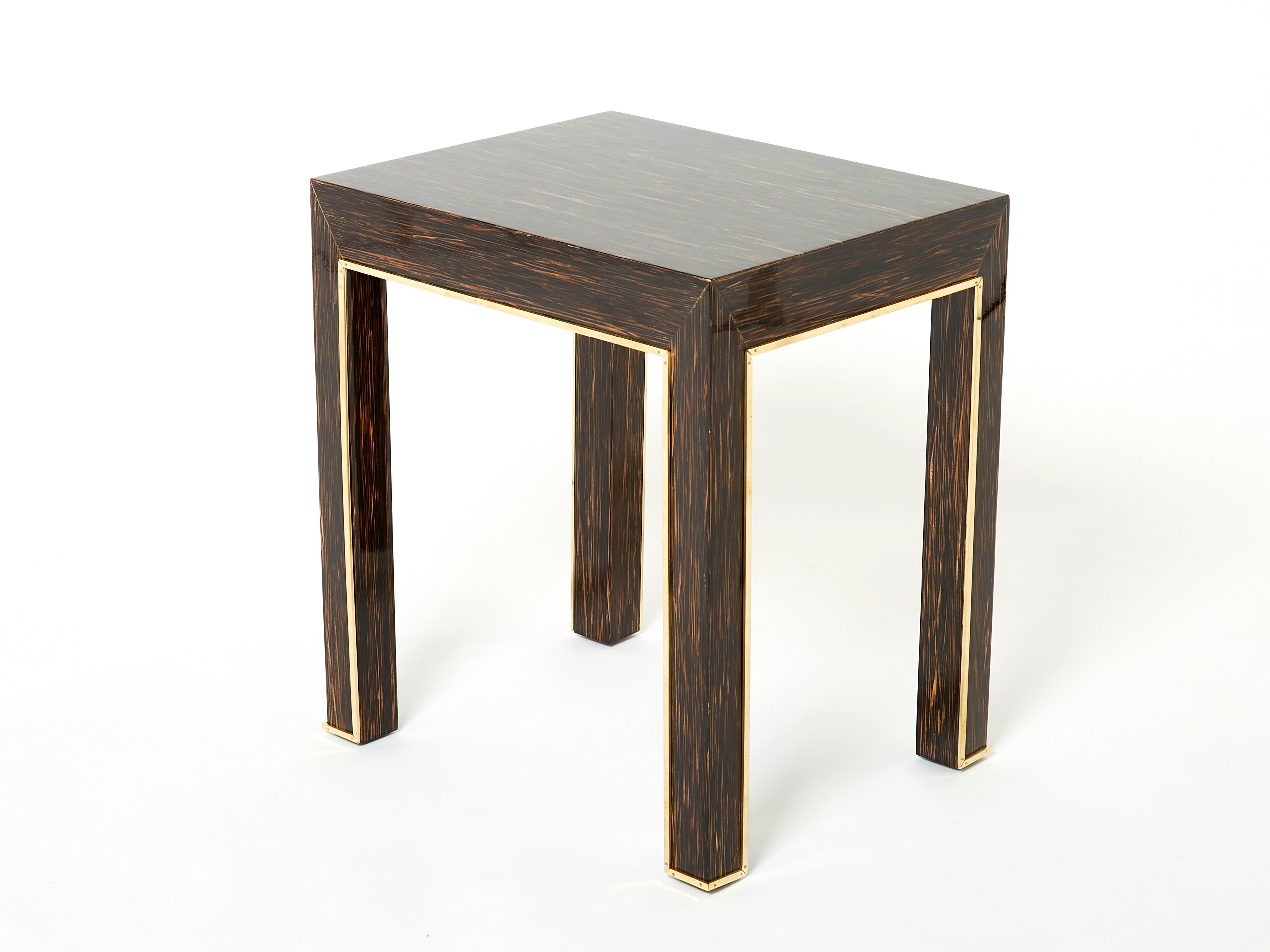 Pair of Romeo Paris palm wood and brass end tables 1970s