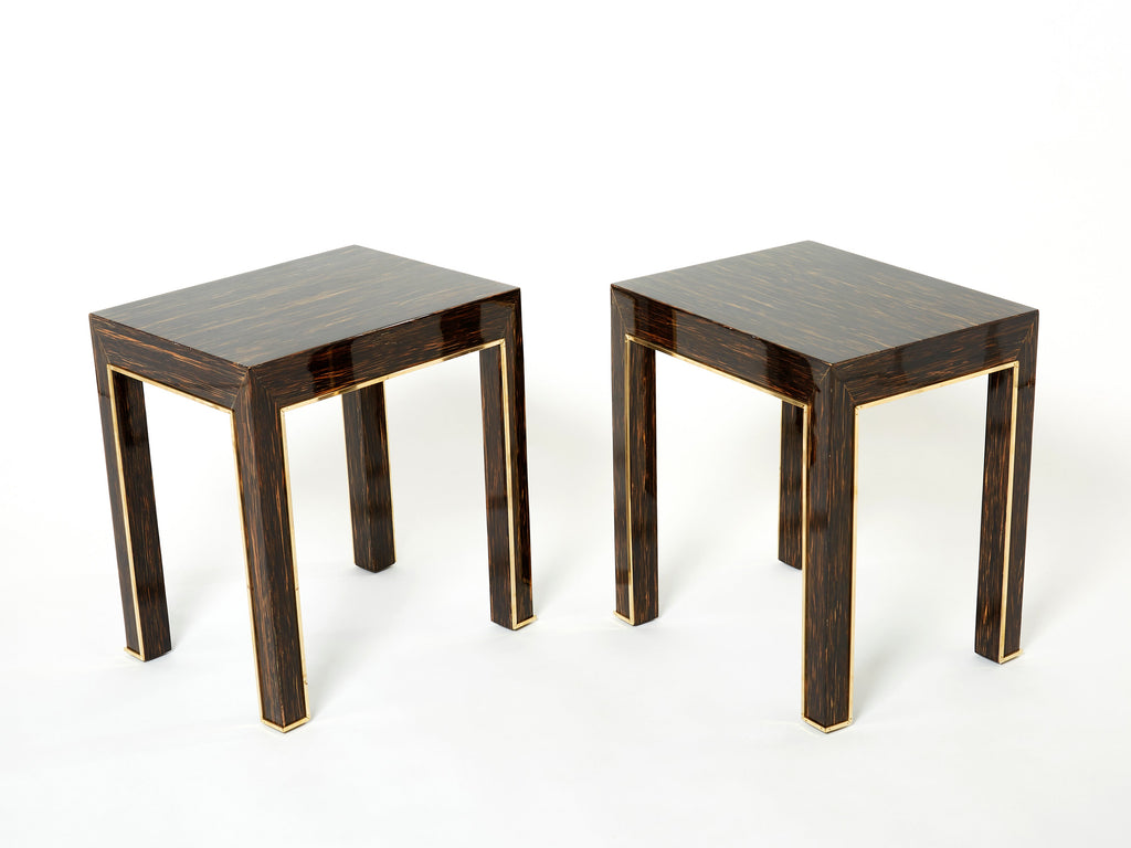 Pair of Romeo Paris palm wood and brass end tables 1970s