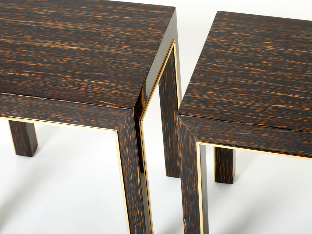 Pair of Romeo Paris palm wood and brass end tables 1970s