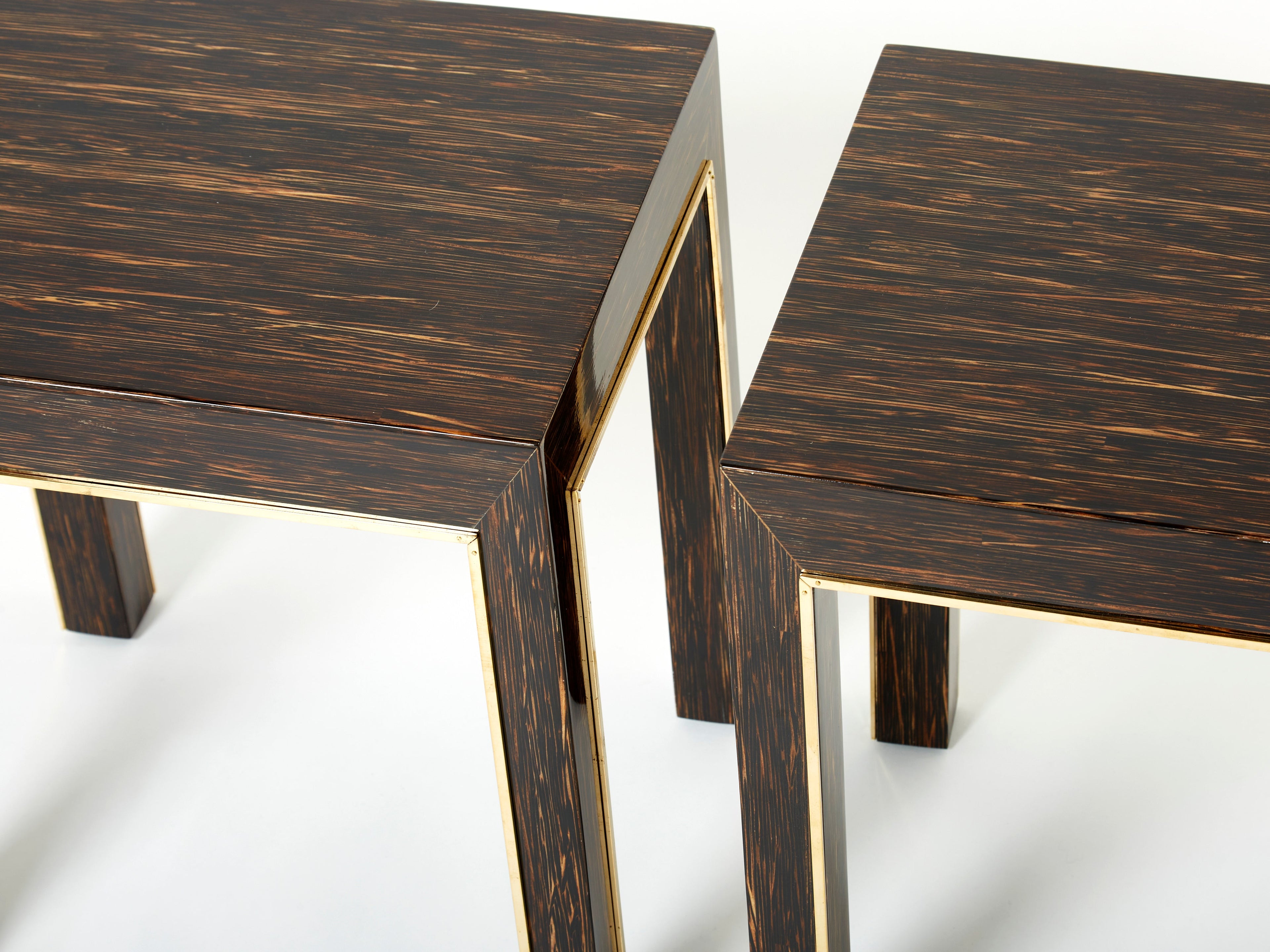 Pair of Romeo Paris palm wood and brass end tables 1970s