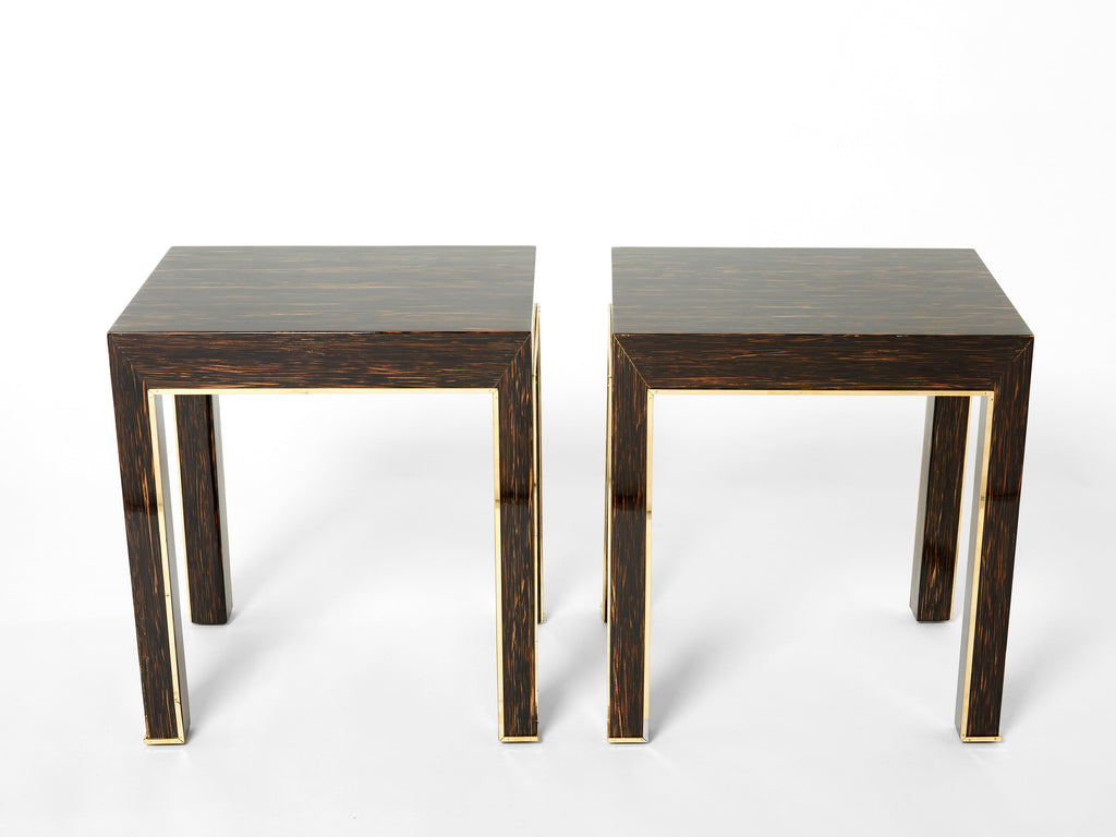 Pair of Romeo Paris palm wood and brass end tables 1970s