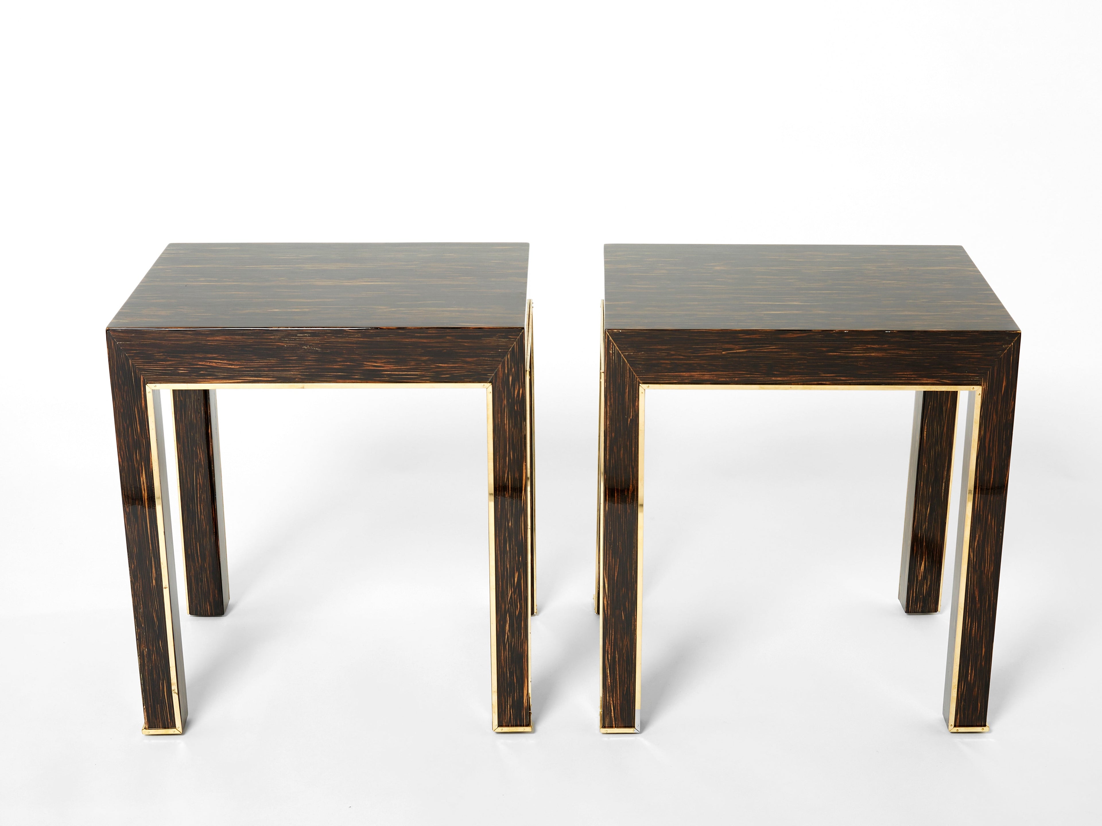 Pair of Romeo Paris palm wood and brass end tables 1970s
