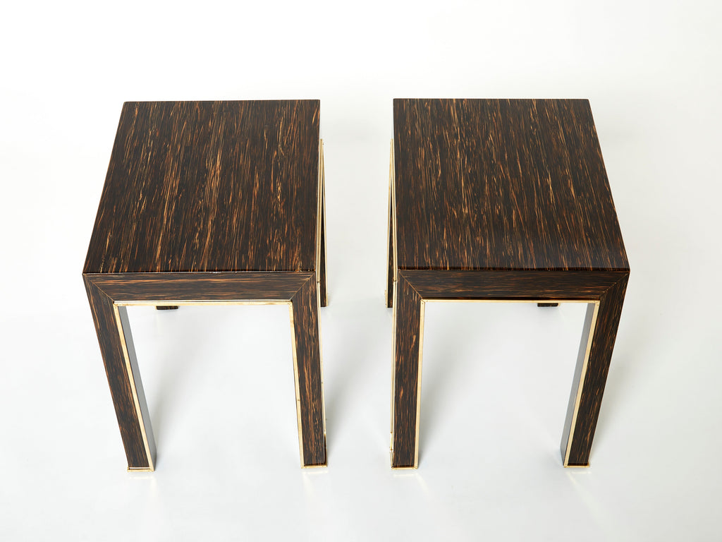 Pair of Romeo Paris palm wood and brass end tables 1970s