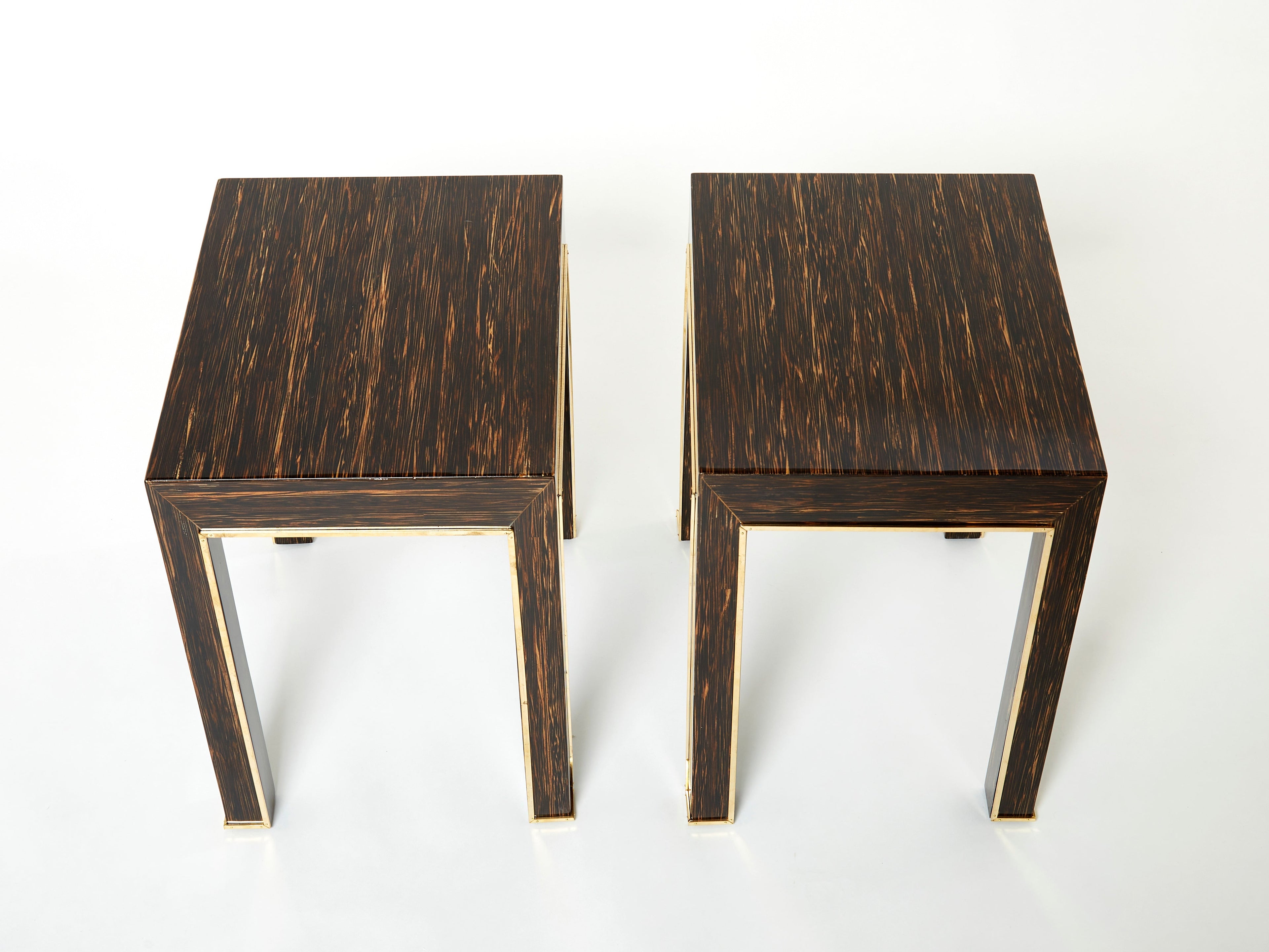 Pair of Romeo Paris palm wood and brass end tables 1970s
