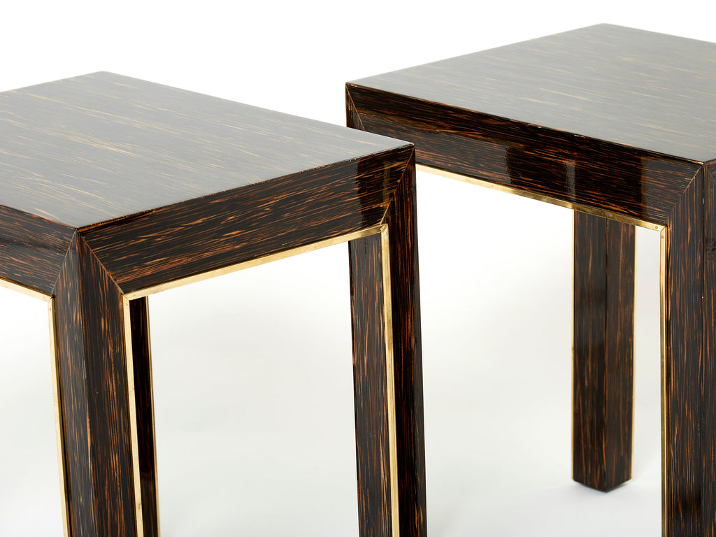 Pair of Romeo Paris palm wood and brass end tables 1970s