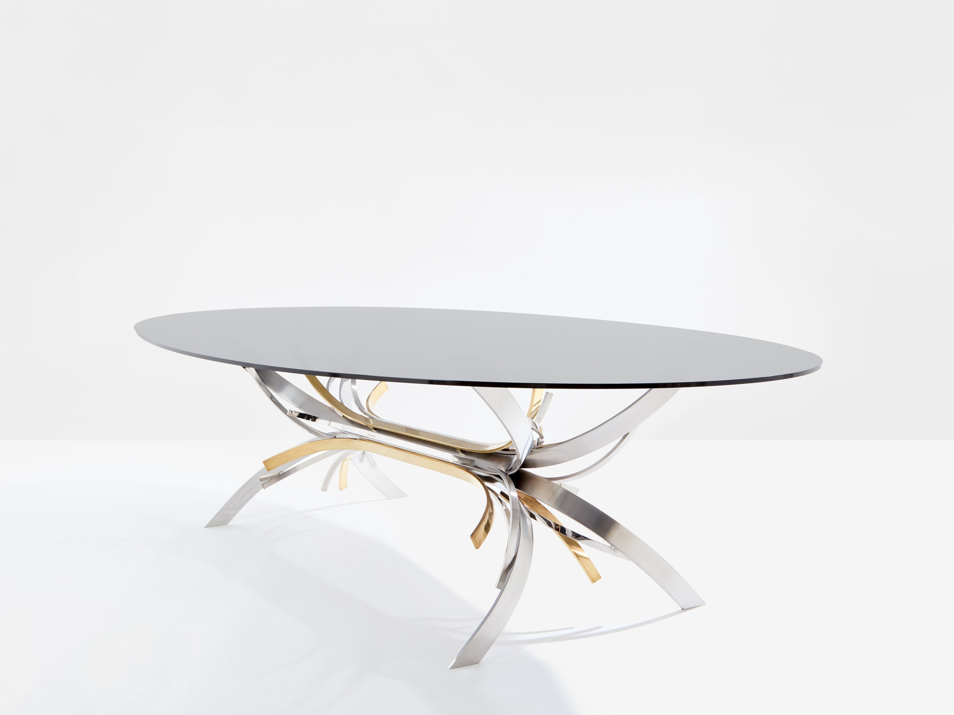 Maria Pergay polished steel and brass dining table Gerbe 1970