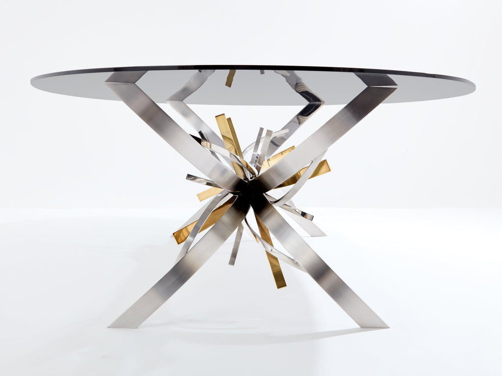 Maria Pergay polished steel and brass dining table Gerbe 1970