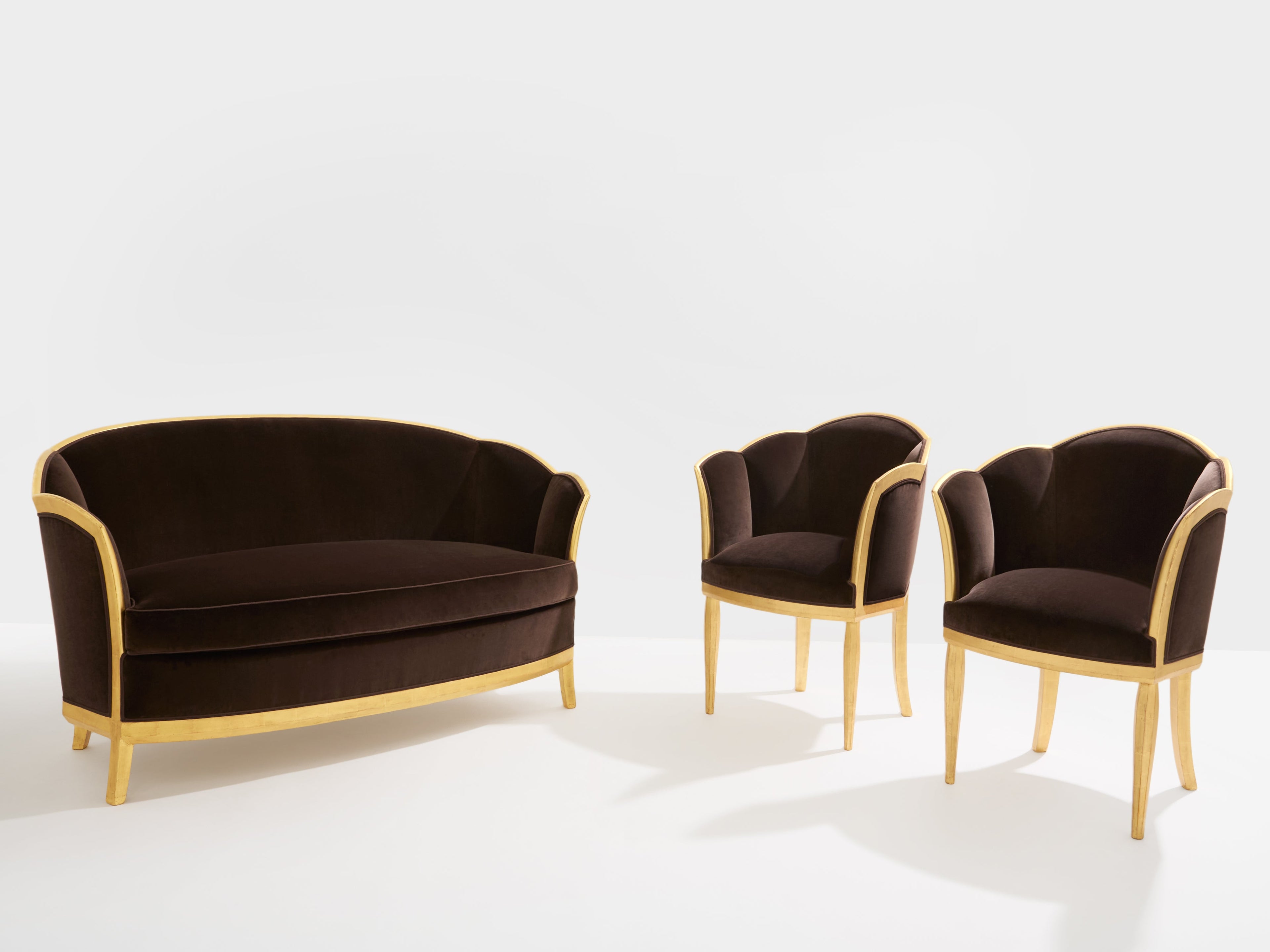 Maurice Dufrène giltwood brown velvet armchairs circa 1925