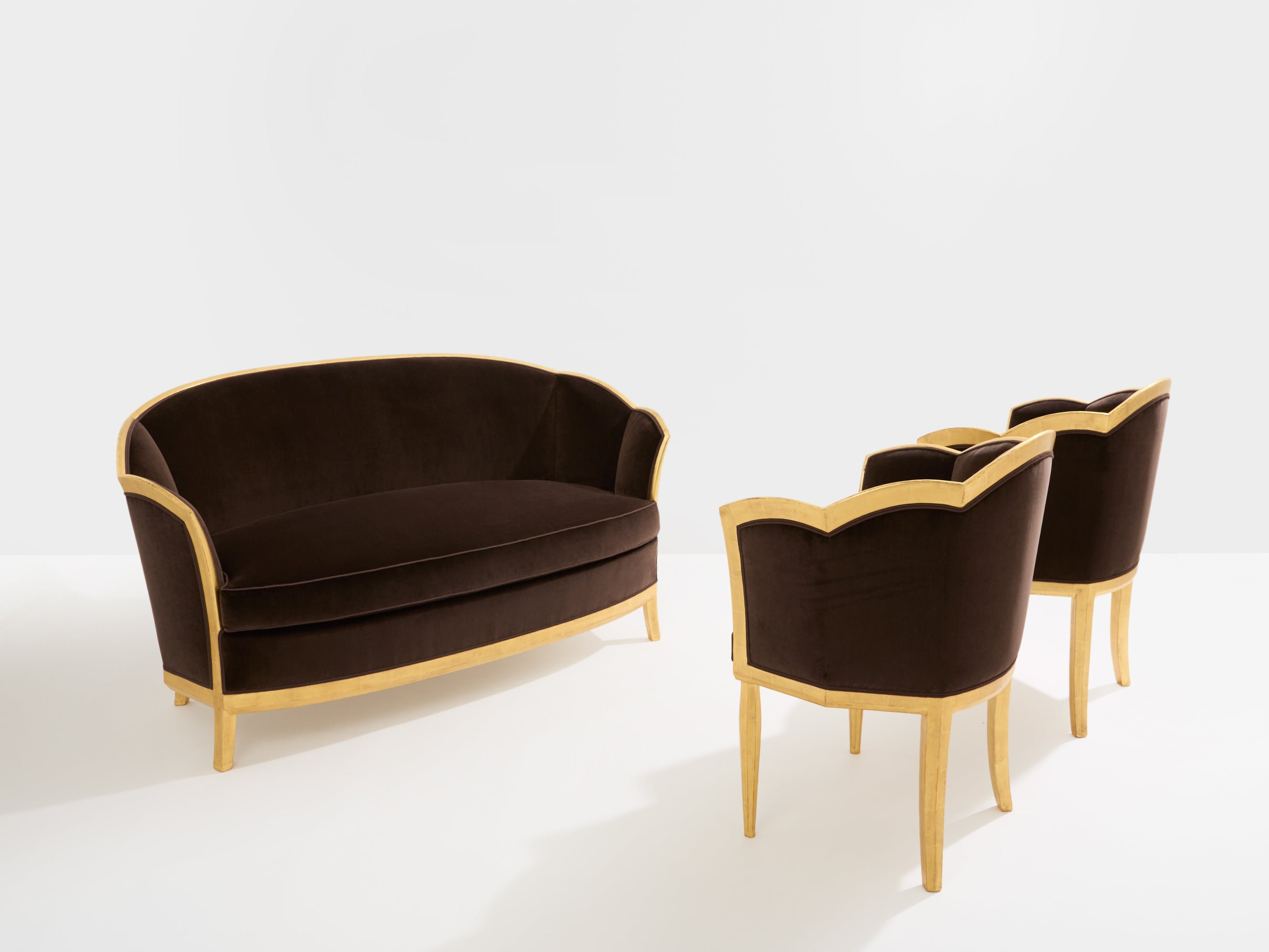 Maurice Dufrène giltwood brown velvet armchairs circa 1925