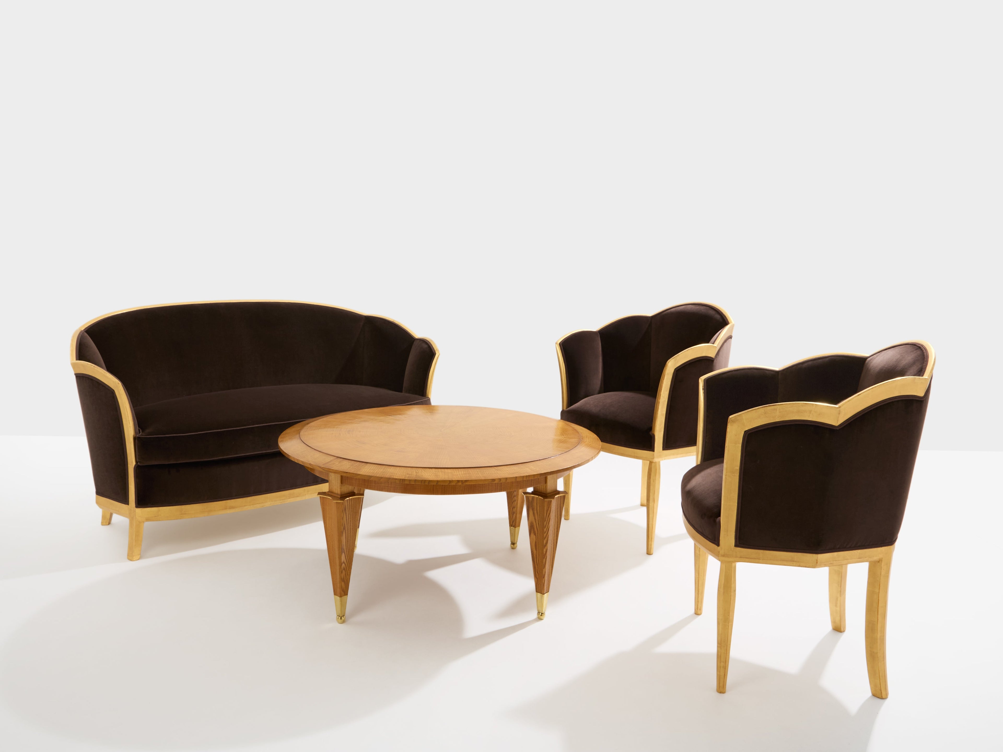 Maurice Dufrène giltwood brown velvet armchairs circa 1925