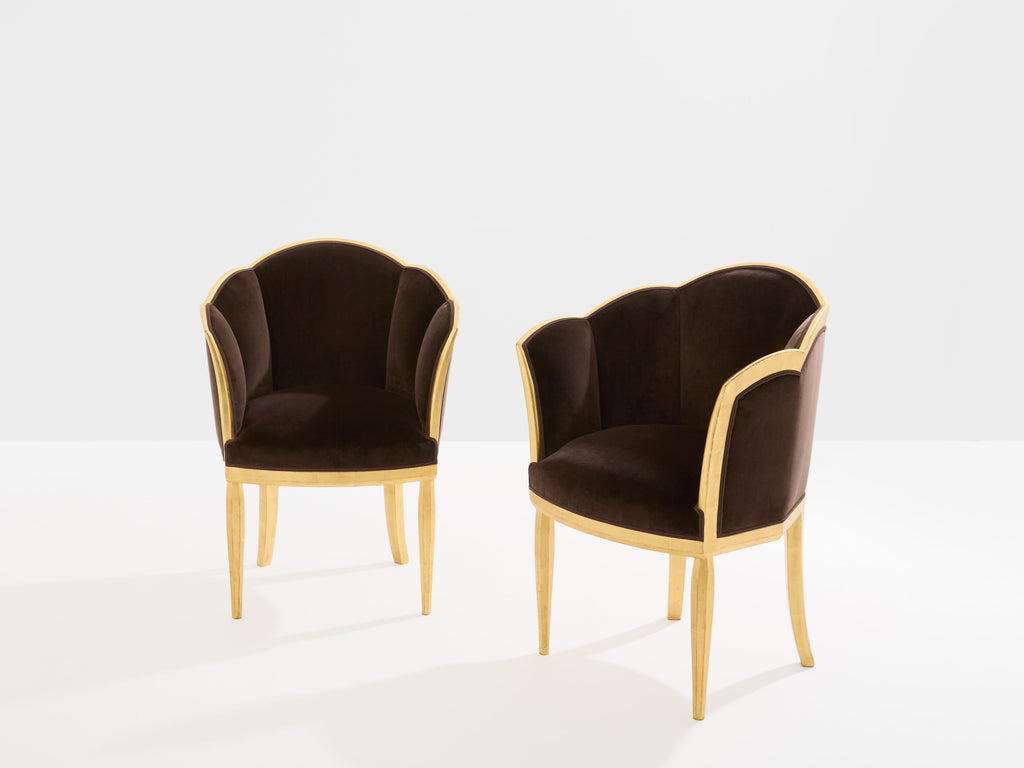 Maurice Dufrène giltwood brown velvet armchairs circa 1925