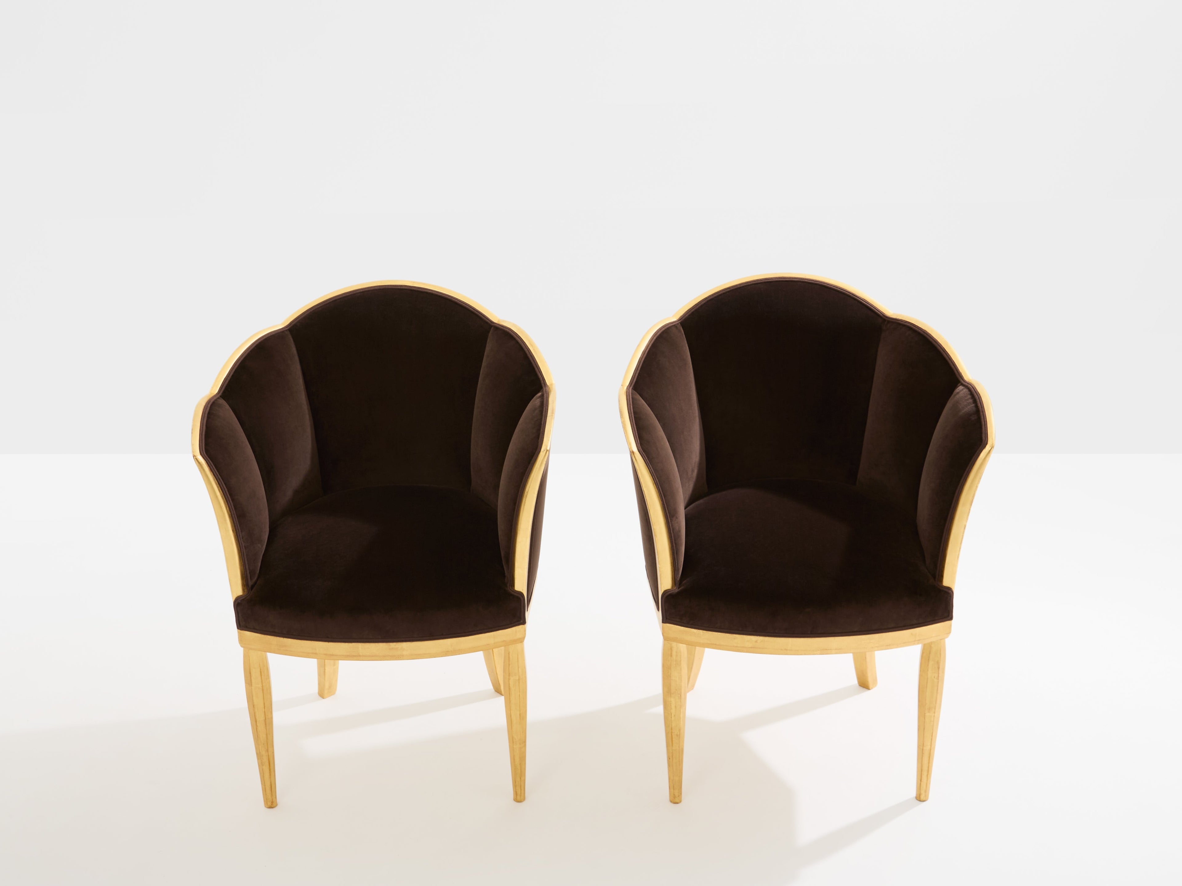 Maurice Dufrène giltwood brown velvet armchairs circa 1925