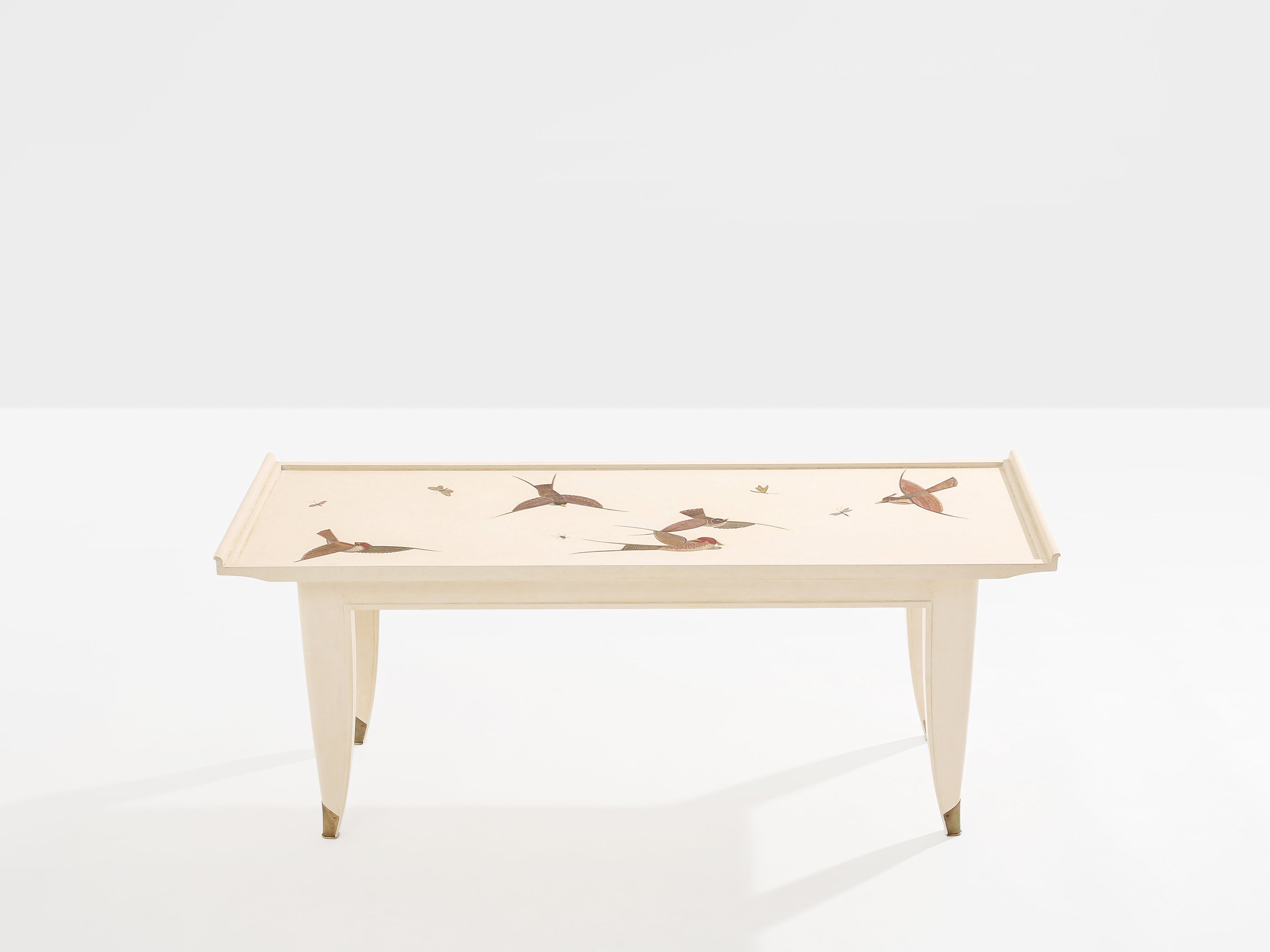 Maurice Jallot coffee table oak wood painted carved birds 1930