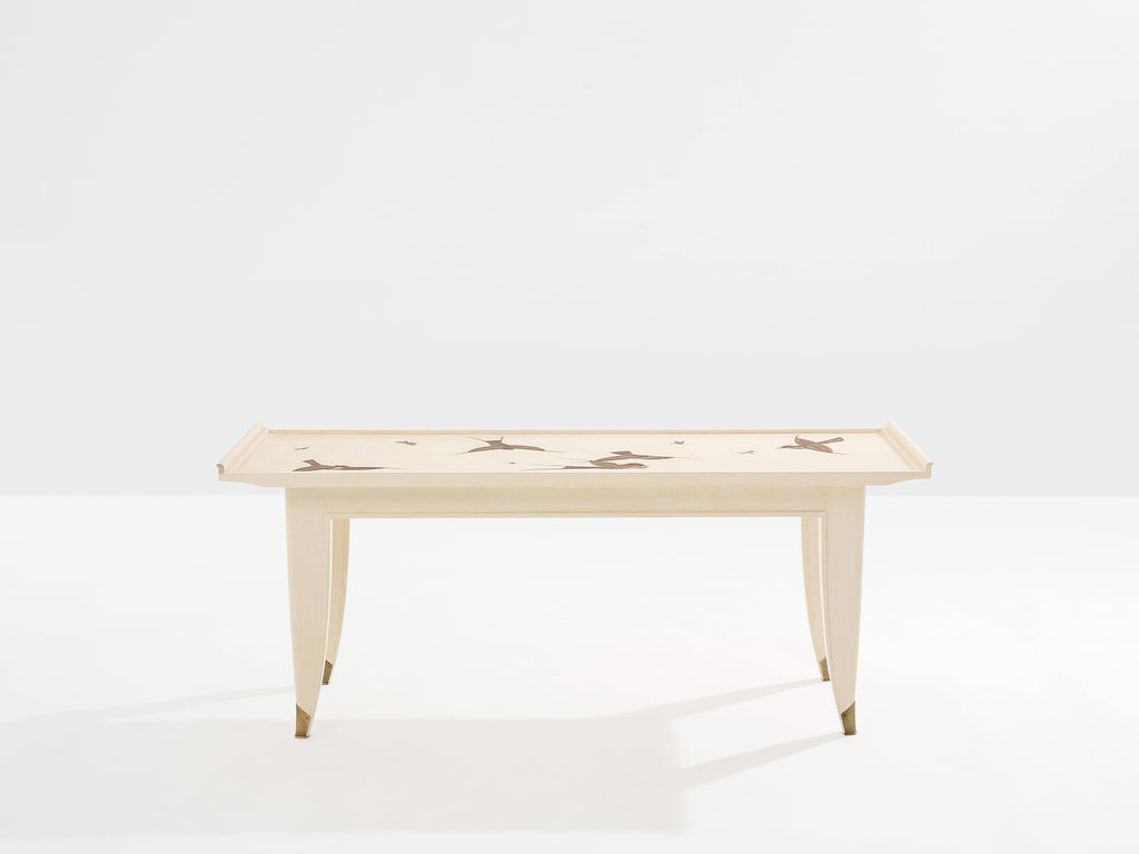 Maurice Jallot coffee table oak wood painted carved birds 1930