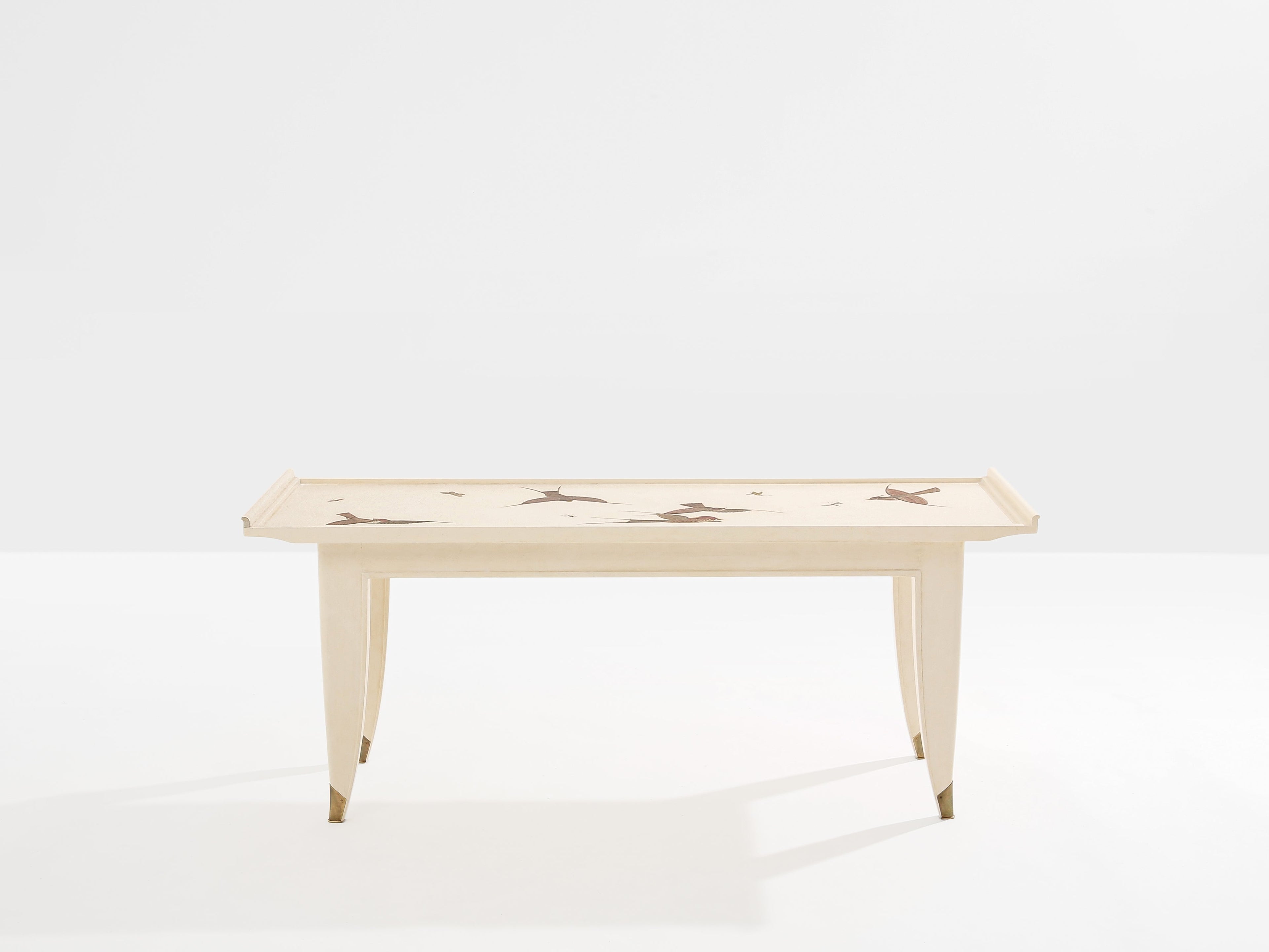 Maurice Jallot coffee table oak wood painted carved birds 1930