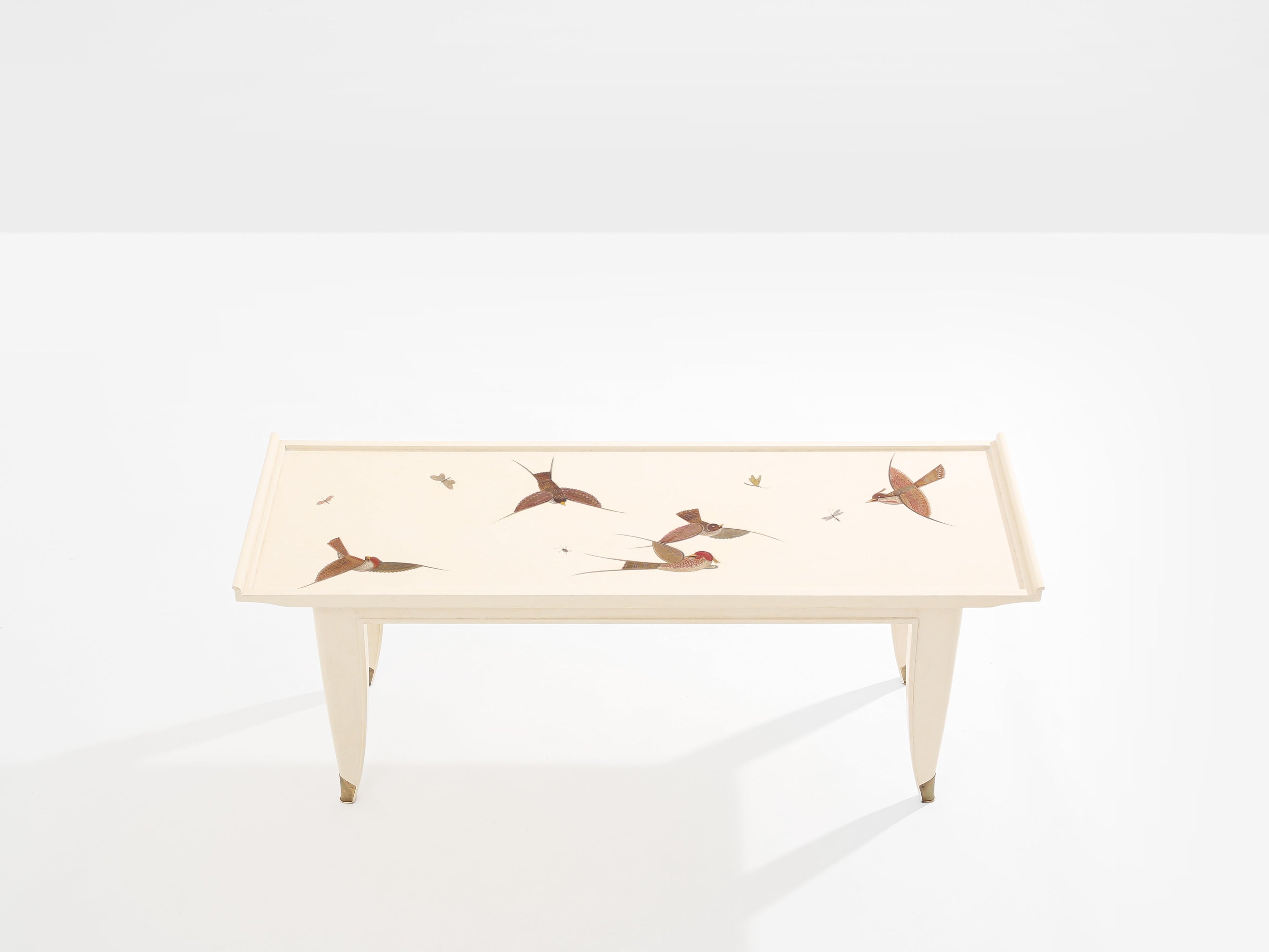 Maurice Jallot coffee table oak wood painted carved birds 1930