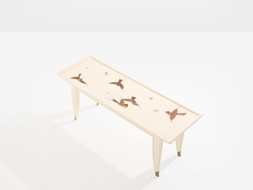 Maurice Jallot coffee table oak wood painted carved birds 1930