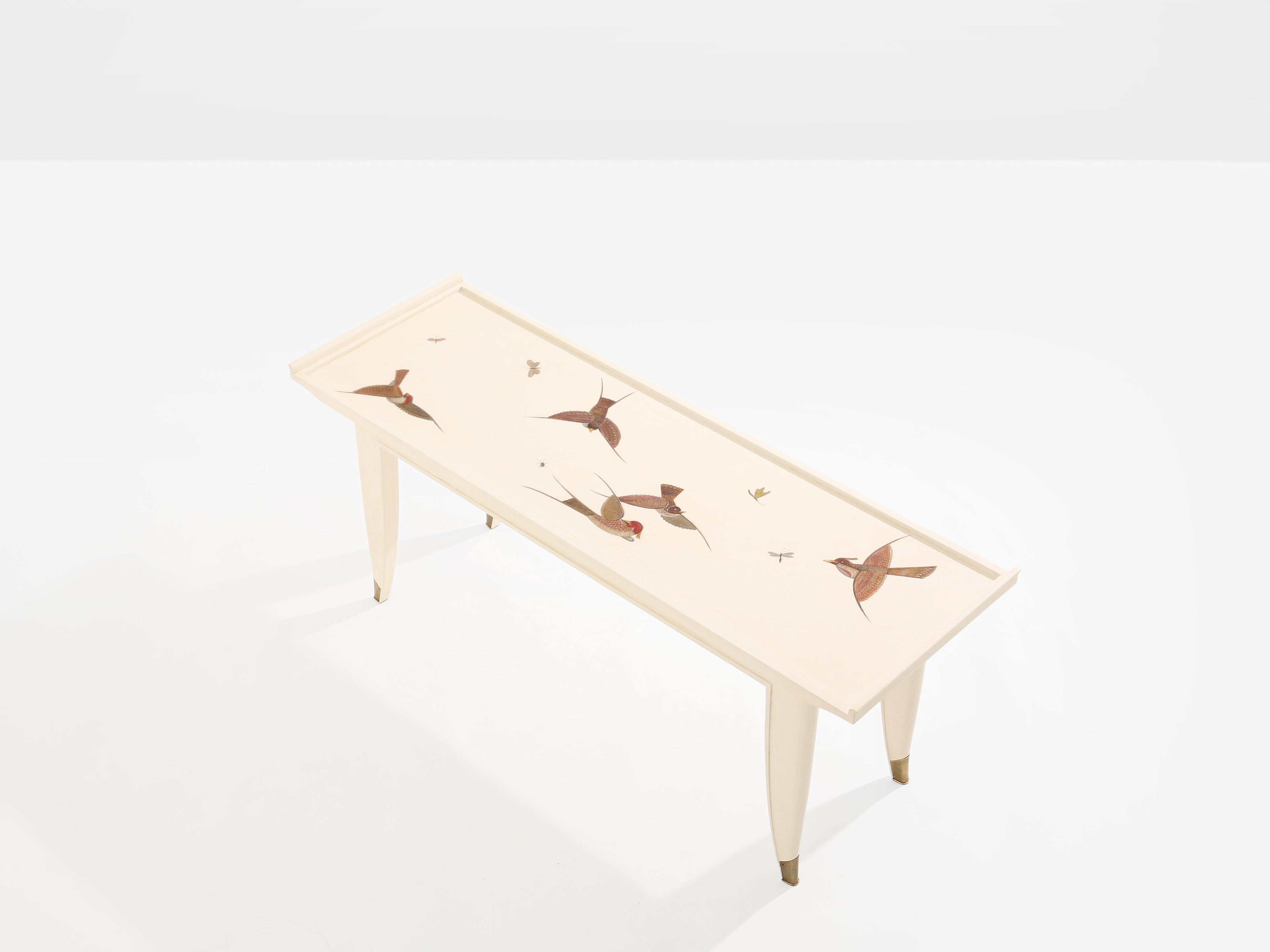 Maurice Jallot coffee table oak wood painted carved birds 1930