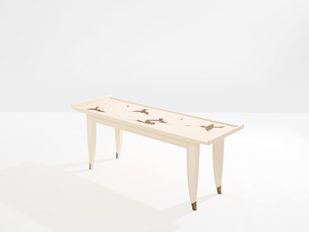 Maurice Jallot coffee table oak wood painted carved birds 1930
