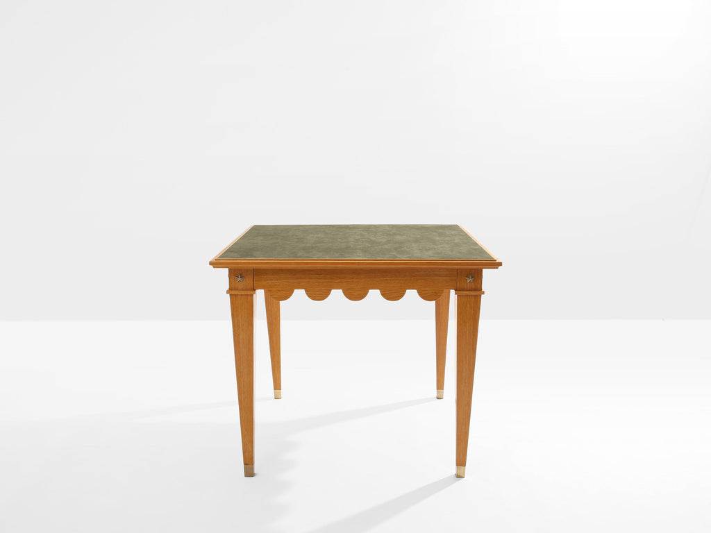 Maxime Old French oak wood brass green suede game table 1940