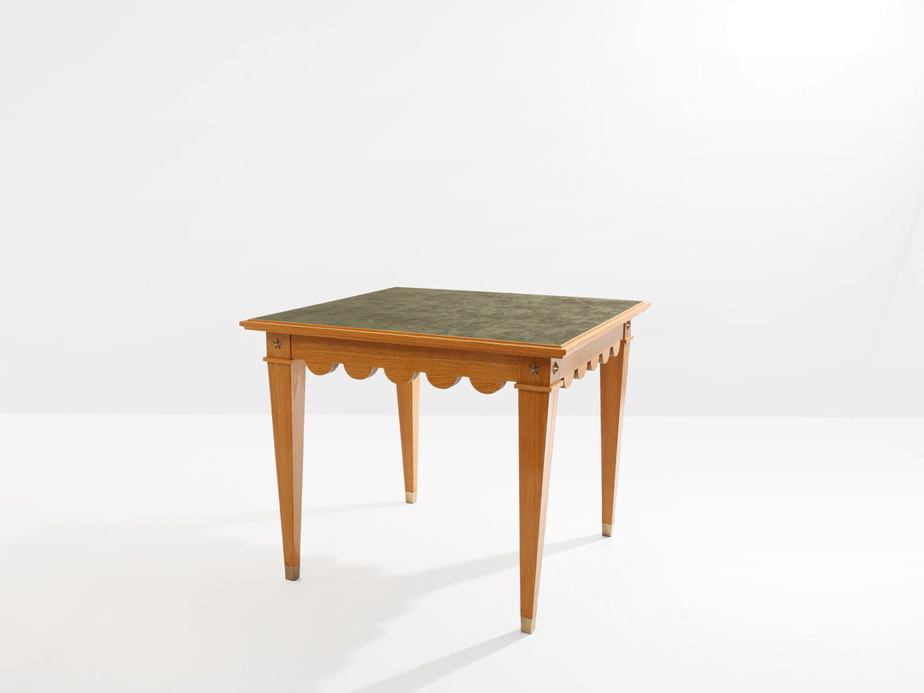 Maxime Old French oak wood brass green suede game table 1940