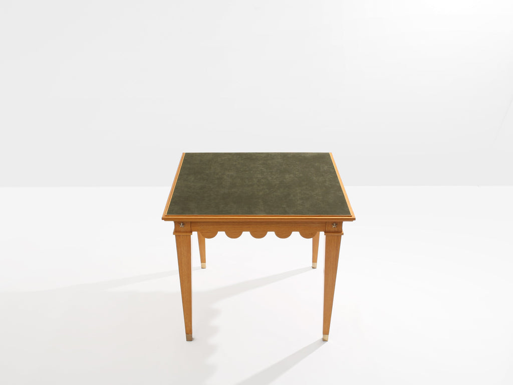 Maxime Old French oak wood brass green suede game table 1940