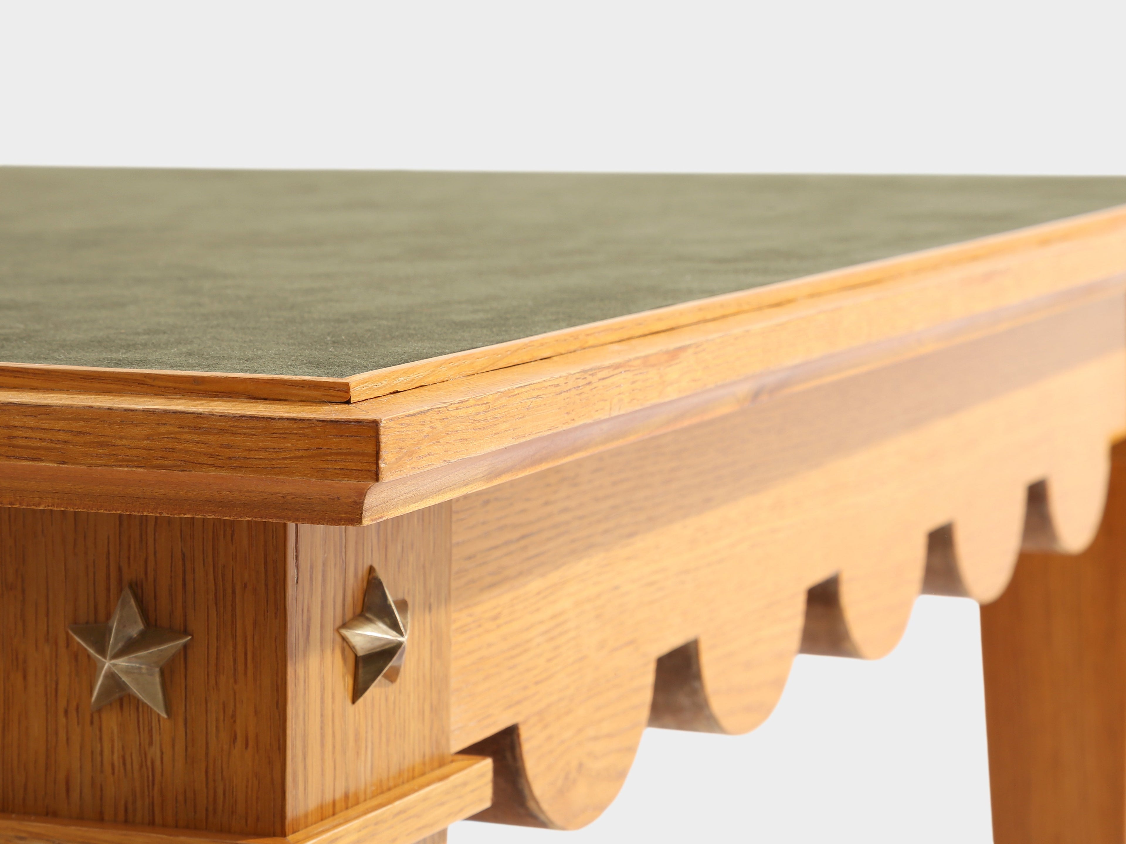 Maxime Old French oak wood brass green suede game table 1940