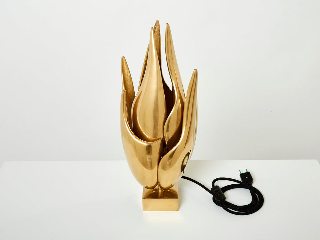 Michel Armand gilt bronze modernist Flame sculpture table lamp 1970
