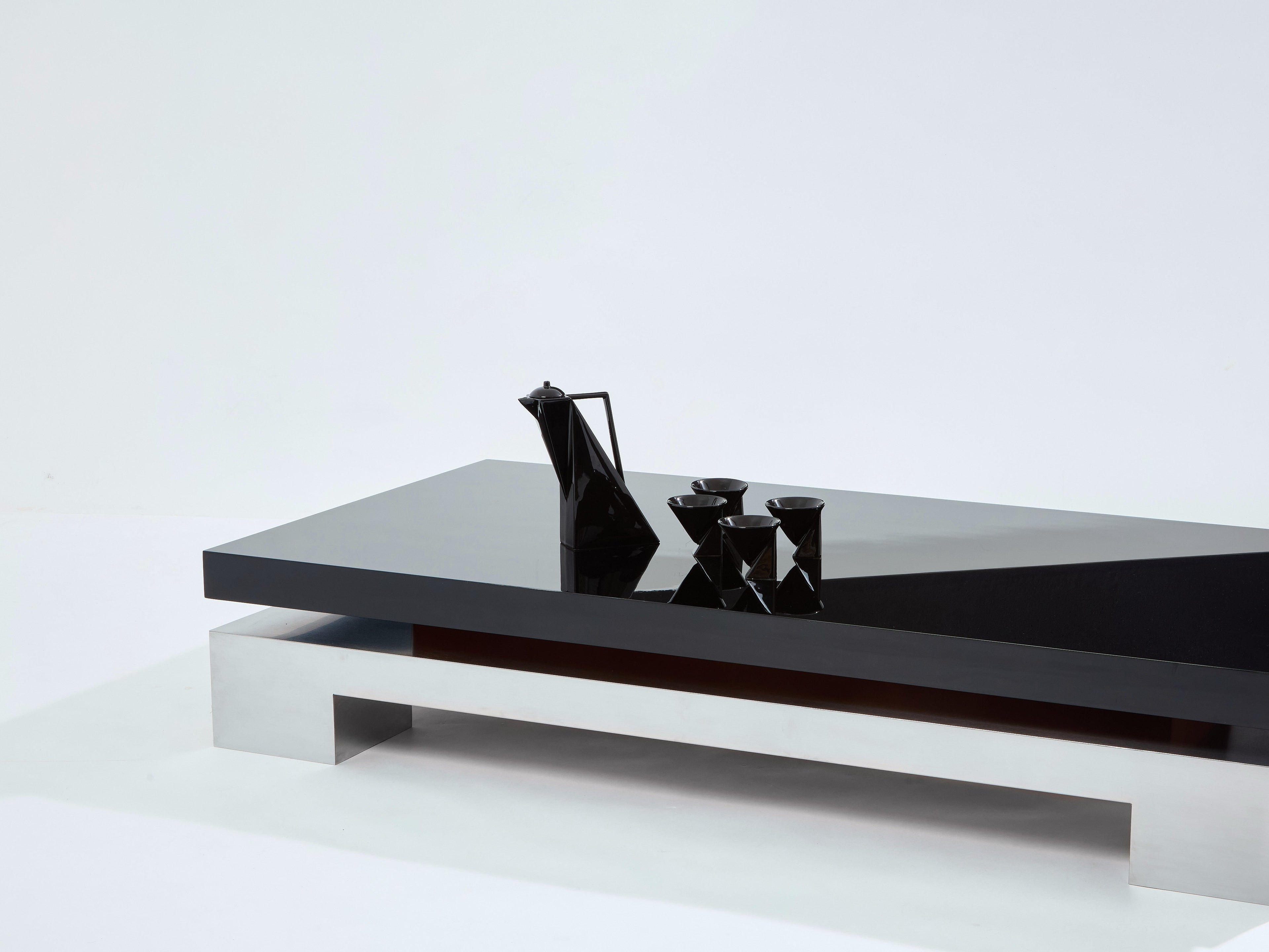 Nadine Charteret black lacquer brushed steel coffee table 1972