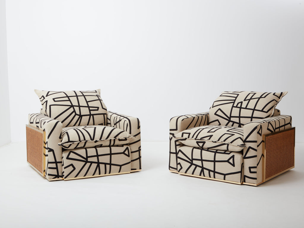 Pair of Nucci Valsecchi cane brass upholstered armchairs 1970s